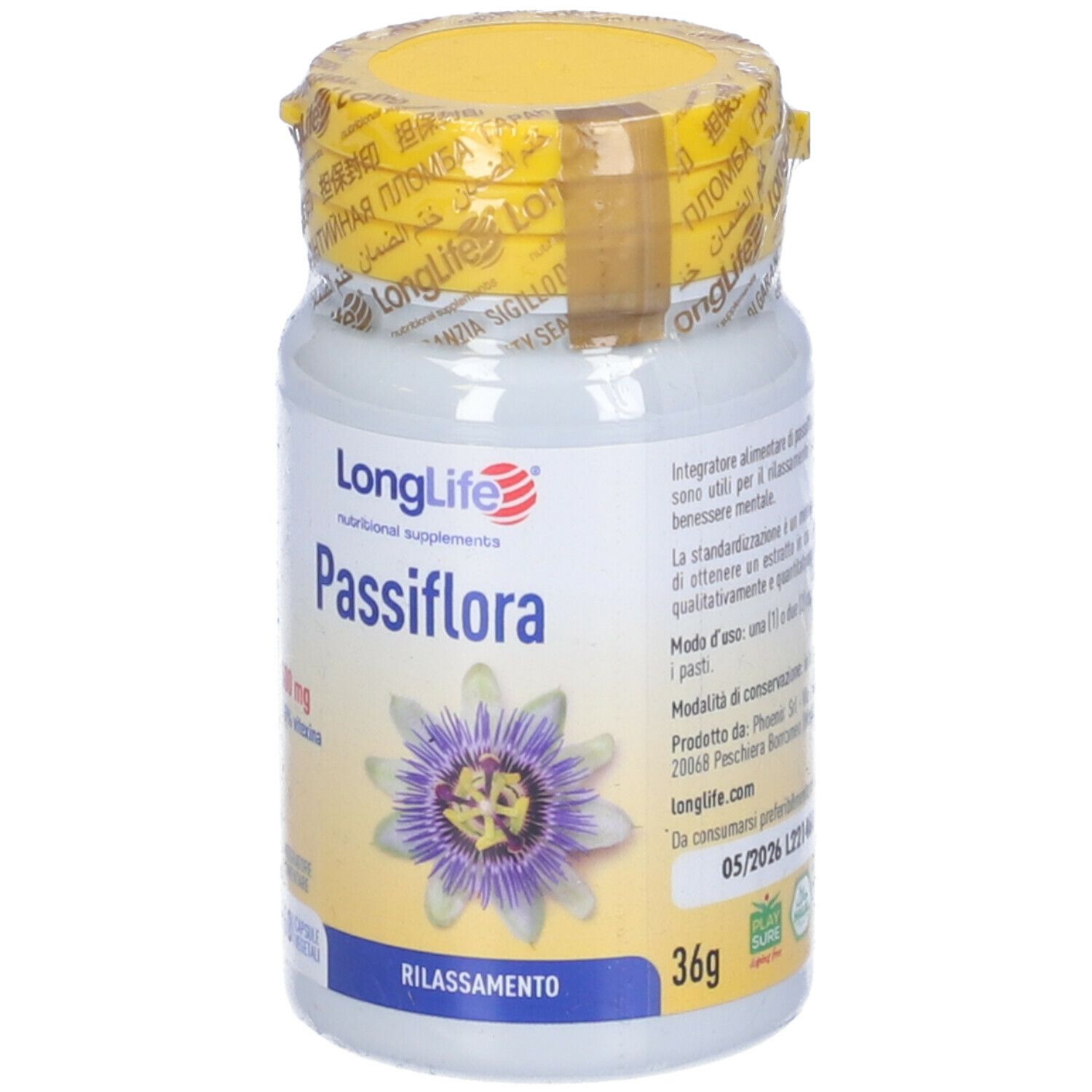 Flacone bianco con tappo giallo e sigillo. Scritta: LongLife Passiflora, 60 capsule. Illustrazione fiore della passione.