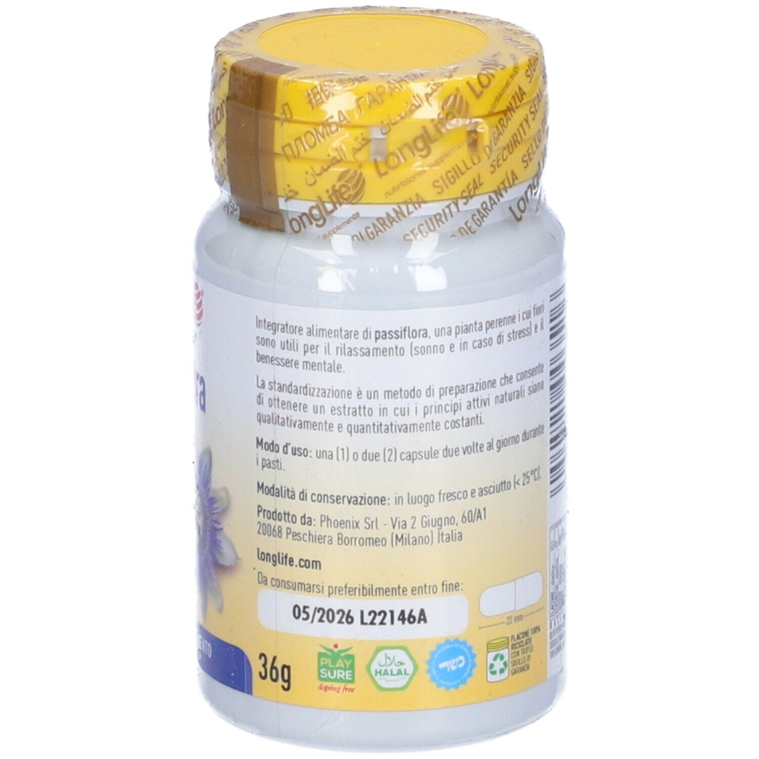 Retro di un flacone bianco con tappo giallo. Informazioni testuali e ingredienti. 60 capsule. Vegan.