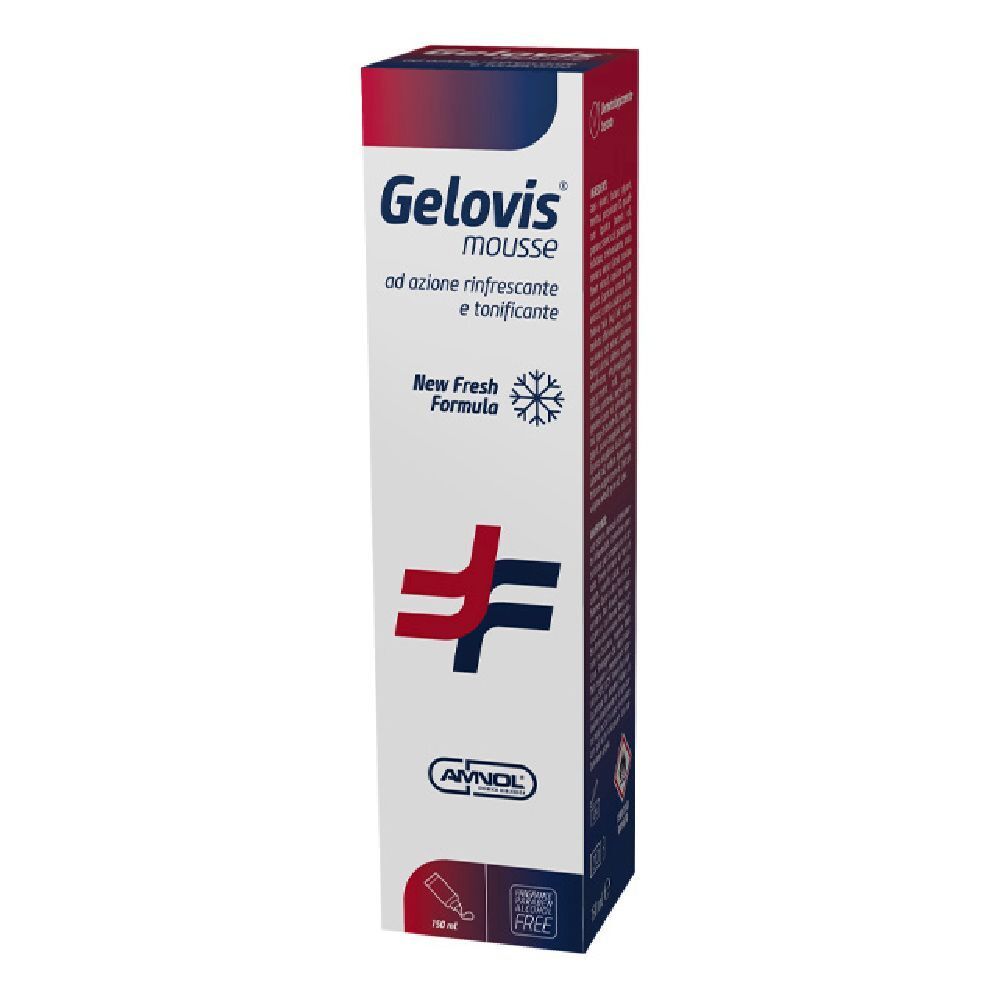 Confezione Gelovis Mousse. Bianco, rosso, blu. Testo: Gelovis Mousse, ad azione rinfrescante e tonificante, New Fresh Formula.