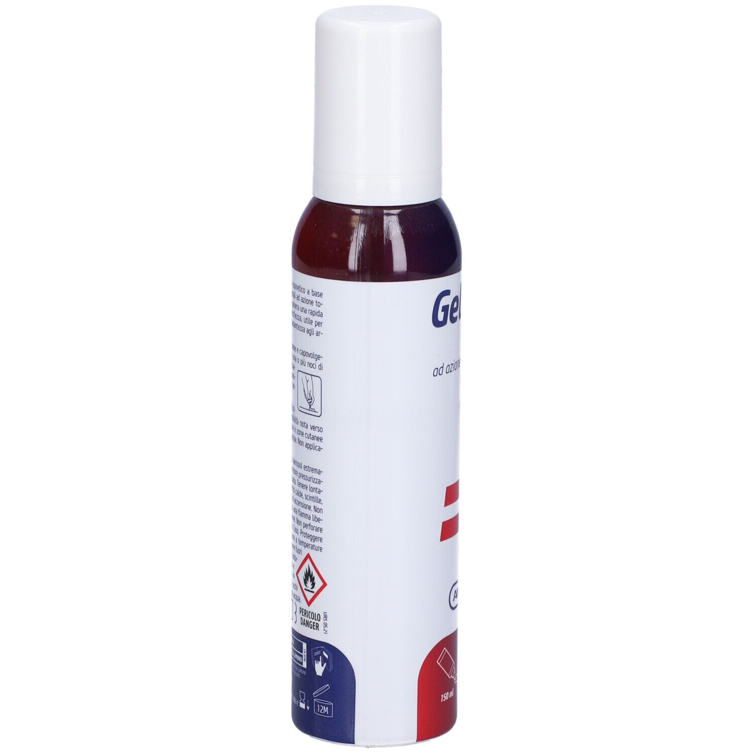 Flacone Gelovis Mousse. Tappo bianco, flacone rosso-blu. Testo: Gelovis, ad azione rinfrescante e tonificante. 150 ml.