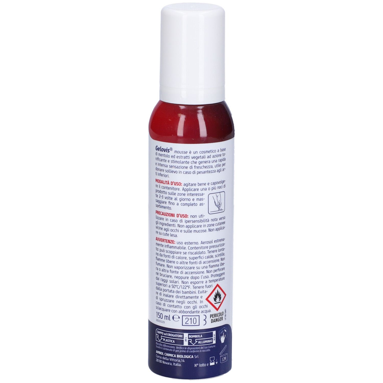 Flacone Gelovis Mousse. Tappo bianco, flacone rosso-blu. Testo e pittogrammi. 150 ml. Avvertenza di pericolo.