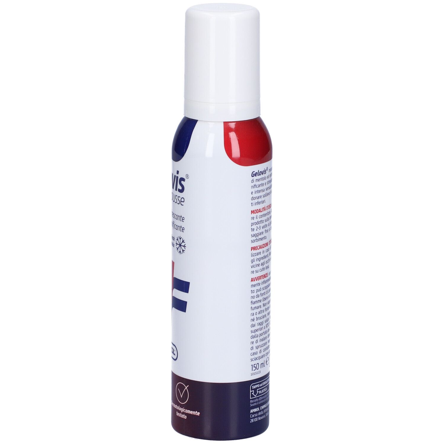 Flacone Gelovis Mousse. Tappo bianco, flacone rosso-blu. Testo: Gelovis, ad azione rinfrescante e tonificante. 150 ml.