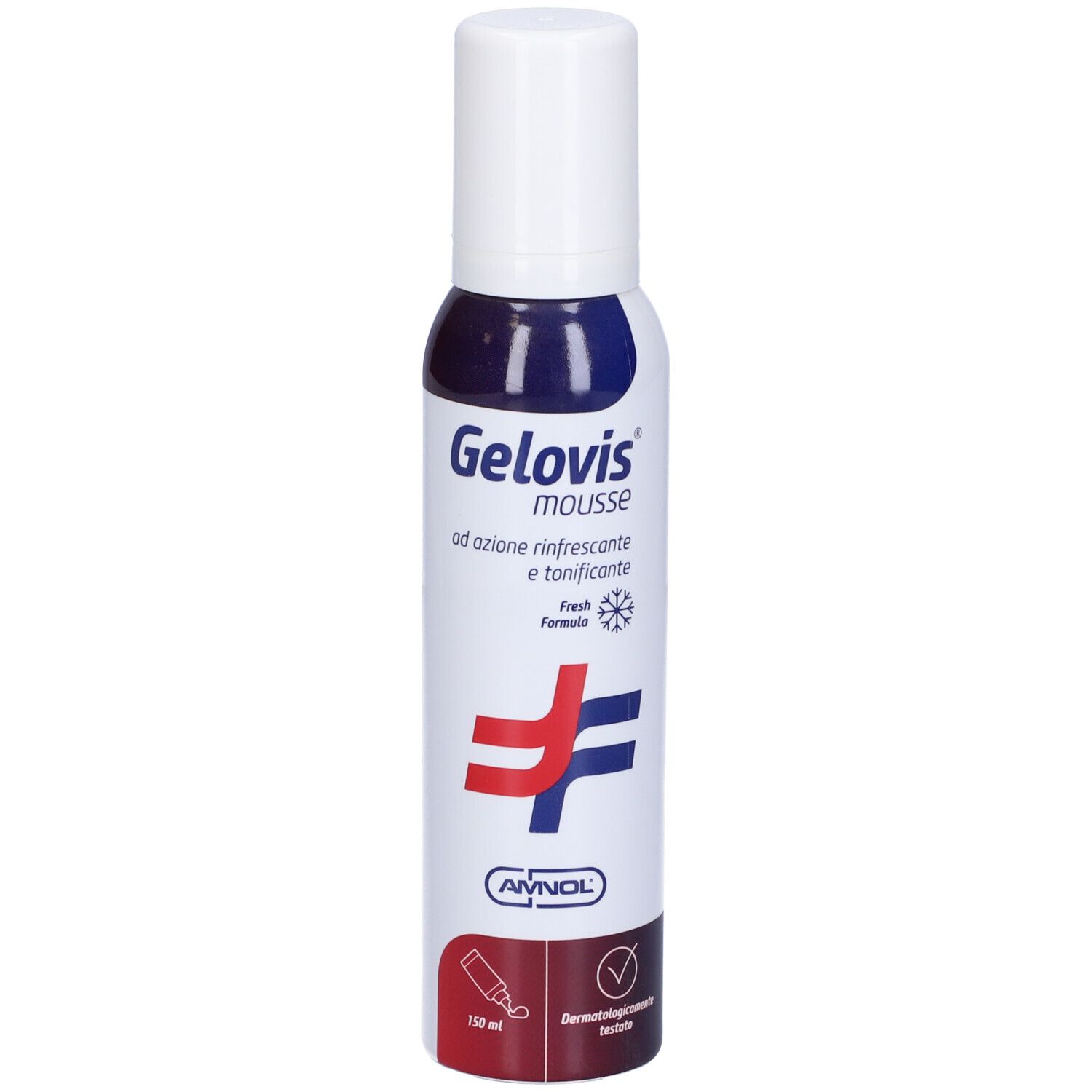 Flacone Gelovis Mousse. Tappo bianco, flacone rosso-blu. Testo: Gelovis, ad azione rinfrescante e tonificante. 150 ml.
