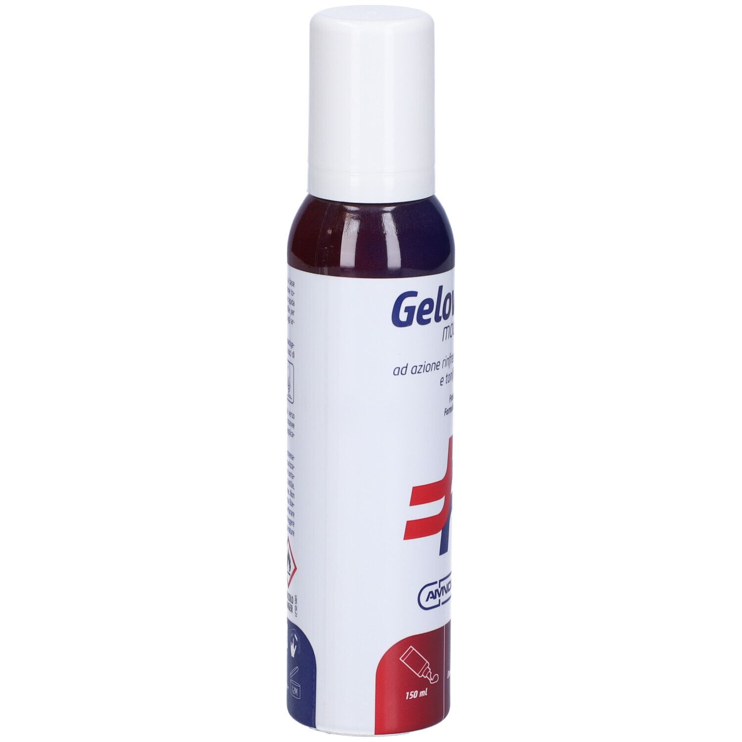 Flacone Gelovis Mousse. Tappo bianco, flacone rosso-blu. Testo: Gelovis, ad azione rinfrescante e tonificante. 150 ml.