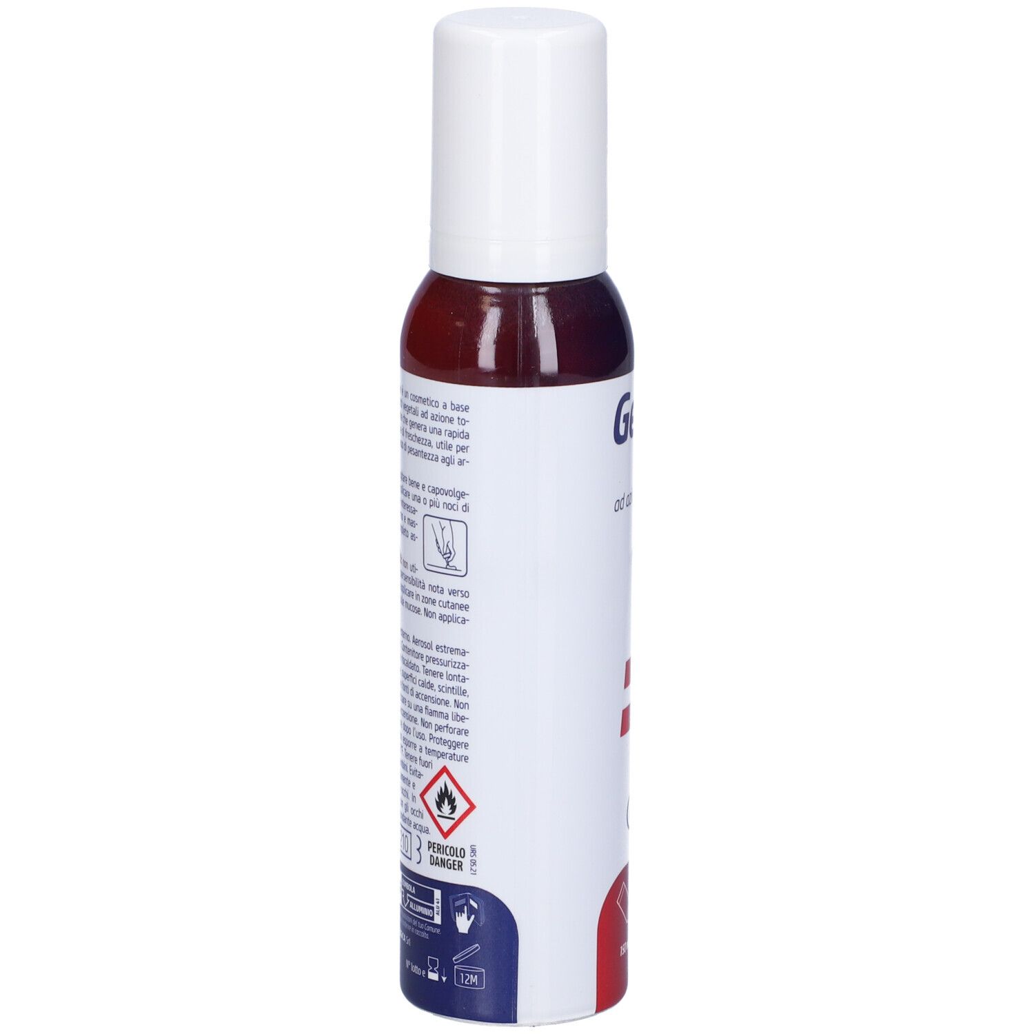 Flacone Gelovis Mousse. Tappo bianco, flacone rosso-blu. Testo e pittogrammi. 150 ml. Avvertenza di pericolo.