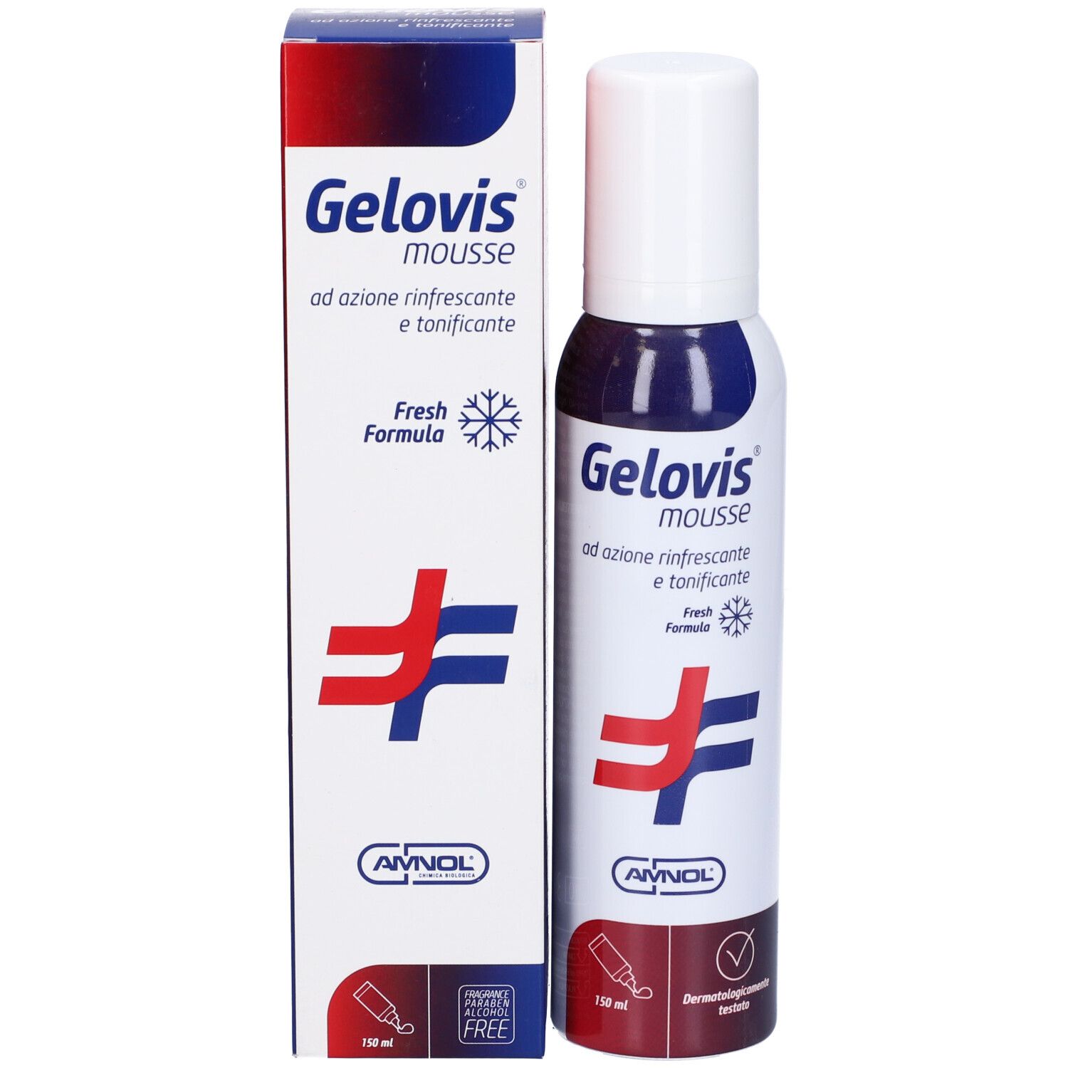 Flacone e confezione Gelovis Mousse. Bianco, rosso, blu. Testo: Gelovis Mousse, ad azione rinfrescante e tonificante. 150 ml.