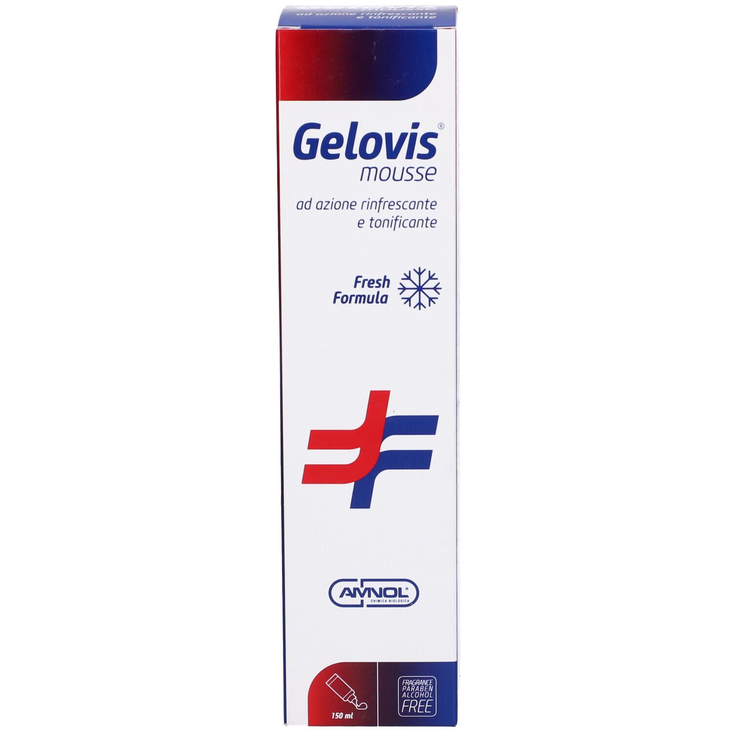 Confezione Gelovis Mousse. Bianco, rosso, blu. Testo: Gelovis Mousse, ad azione rinfrescante e tonificante, New Fresh Formula.