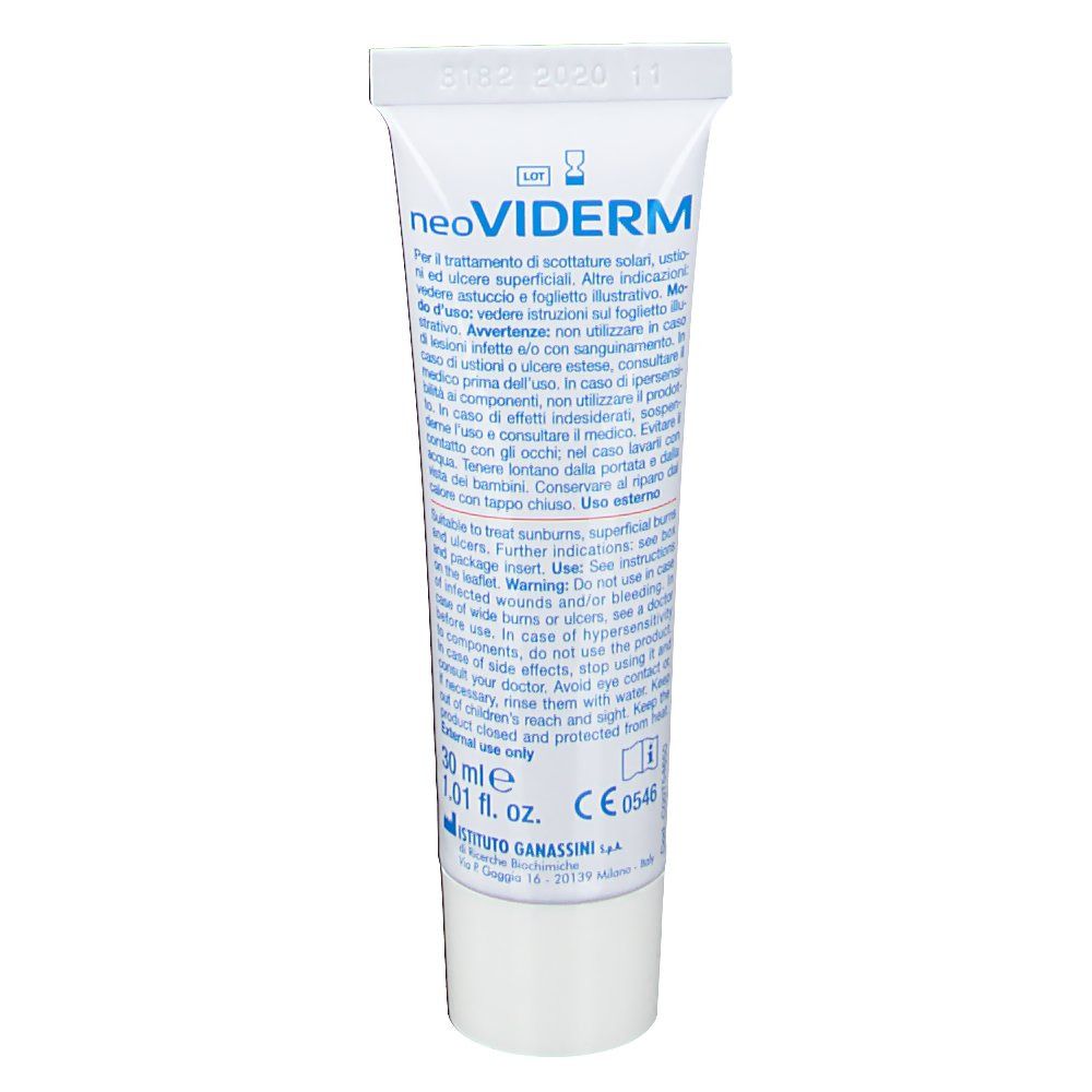 Tubo con testo. Scritta: neoVIDERM, 30 ml, CE 0546. Tubo bianco con design blu e arancione.