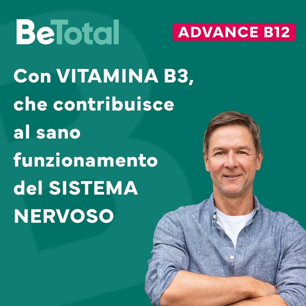 BeTotal Advance B12. Text: Mit Vitamin B3, das zu einer gesunden Funktion des Nervensystems beiträgt.