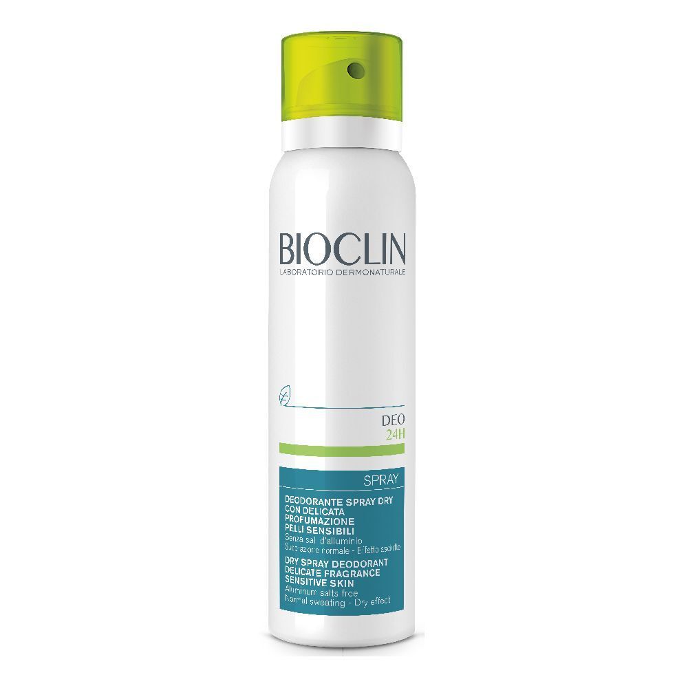 Spray bianco con tappo verde. Scritta: BIOCLIN, Deo 24H Spray. Testo in italiano e inglese.
