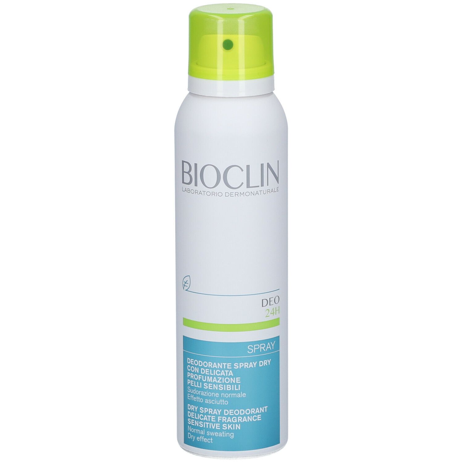 Spray bianco con tappo verde. Scritta: BIOCLIN, Deo 24H Spray. Testo in italiano e inglese.