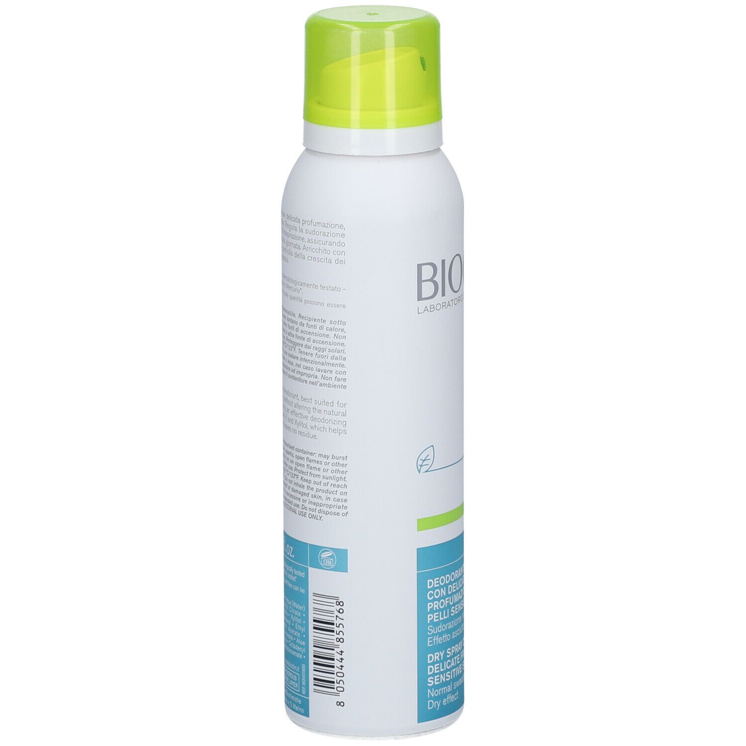 Vista posteriore dello spray bianco con tappo verde. Testo in italiano e inglese. Scritta: BIOCLIN, Deo 24H Spray.