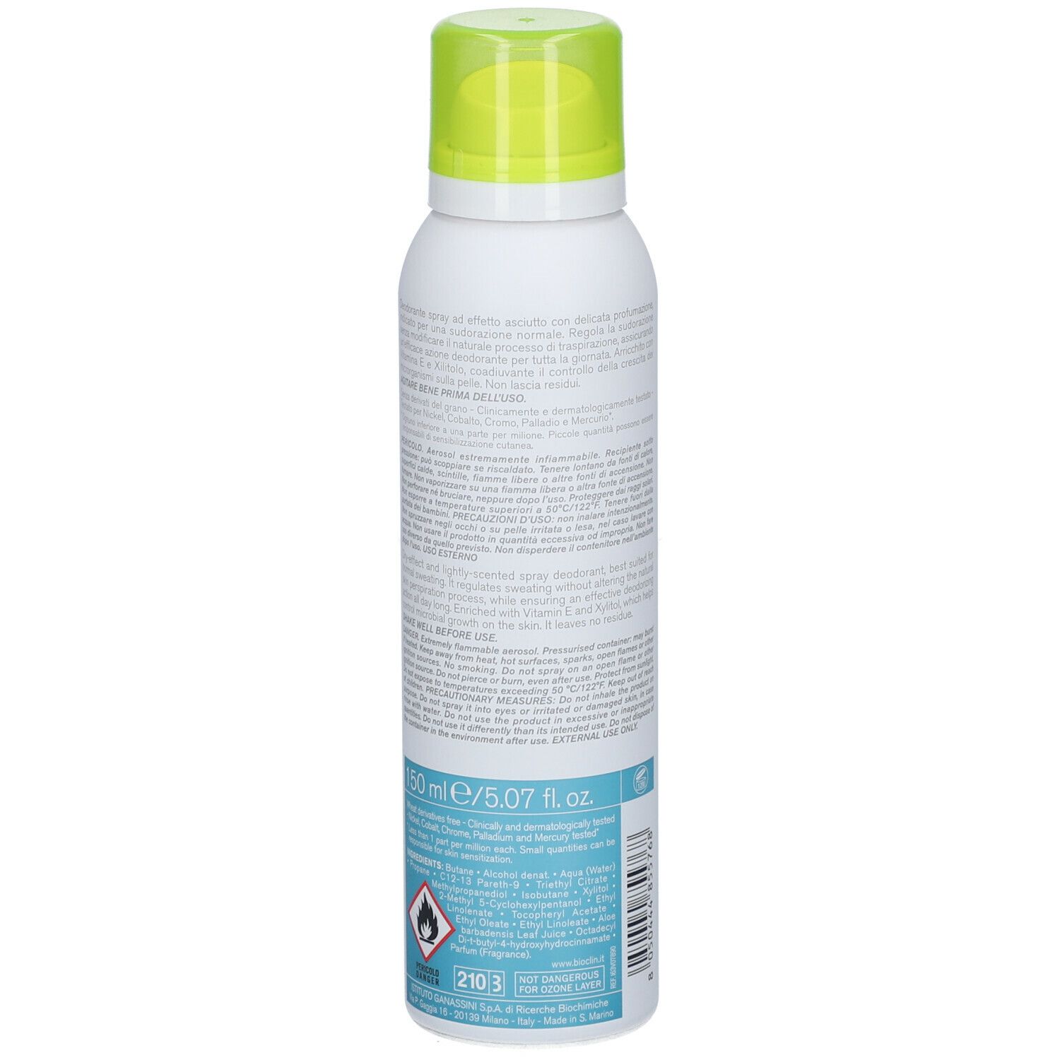 Vista posteriore dello spray bianco con tappo verde. Testo in italiano e inglese. Scritta: BIOCLIN, Deo 24H Spray.