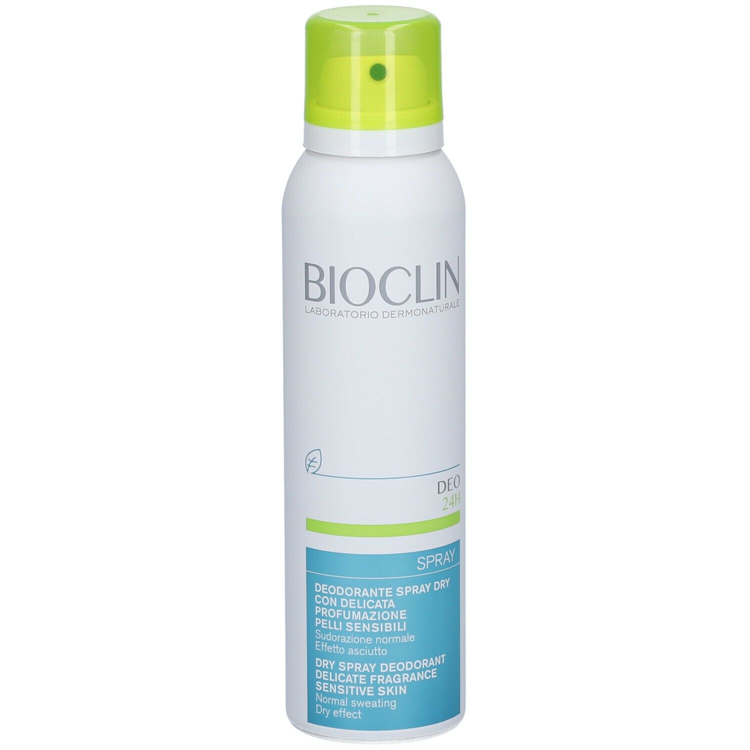 Spray bianco con tappo verde. Scritta: BIOCLIN, Deo 24H Spray. Testo in italiano e inglese.