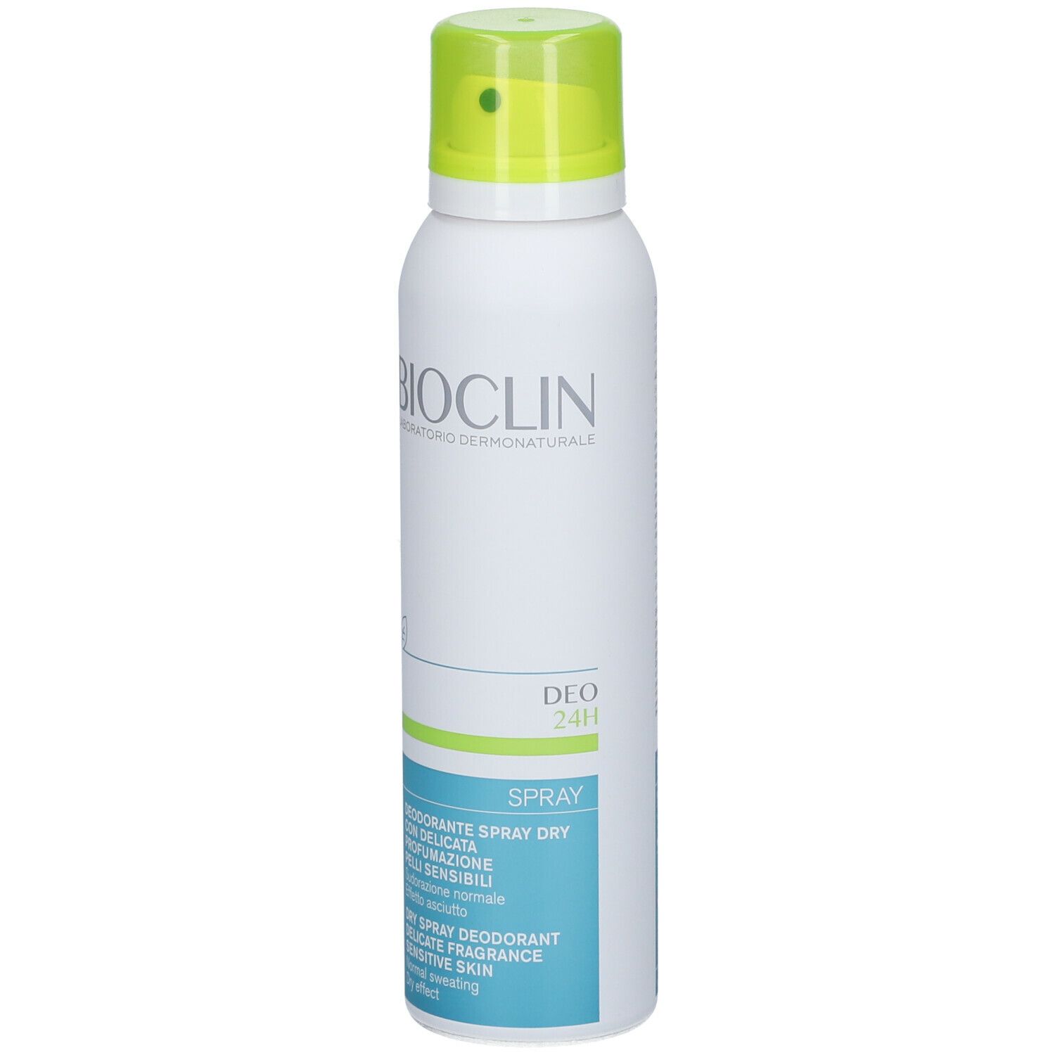 Spray bianco con tappo verde. Scritta: BIOCLIN, Deo 24H Spray. Testo in italiano e inglese.