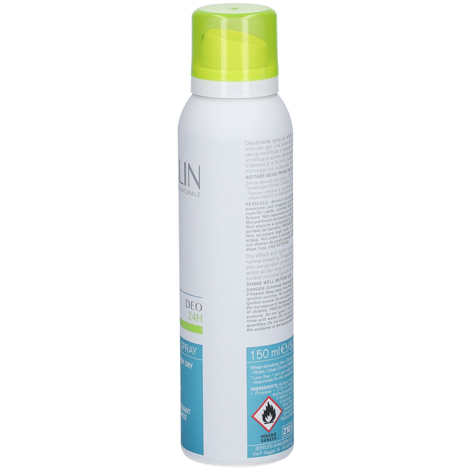 Vista posteriore dello spray bianco con tappo verde. Testo in italiano e inglese. Scritta: BIOCLIN, Deo 24H Spray.