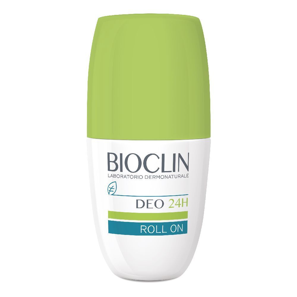 Deo 24H Roll On. Contenitore bianco e verde. Scritte: BIOCLIN, DEO 24H, ROLL ON.