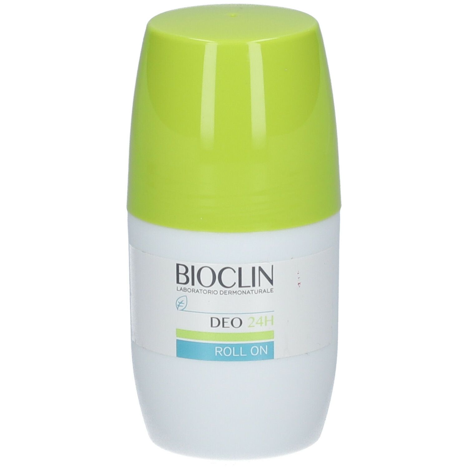 Deo 24H Roll On. Contenitore bianco e verde. Scritte: BIOCLIN, DEO 24H, ROLL ON.