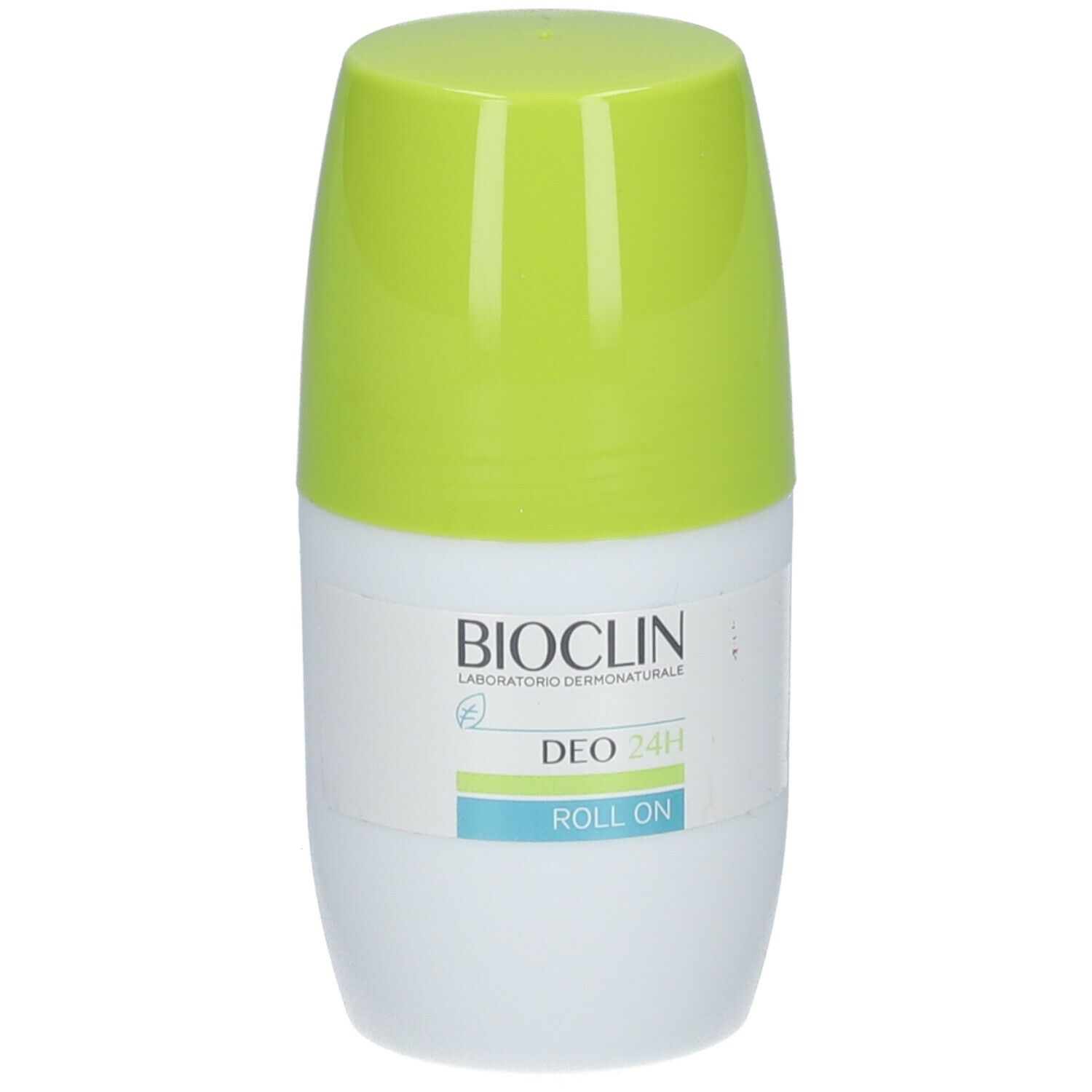 Deo 24H Roll On. Contenitore bianco e verde. Scritte: BIOCLIN, DEO 24H, ROLL ON.