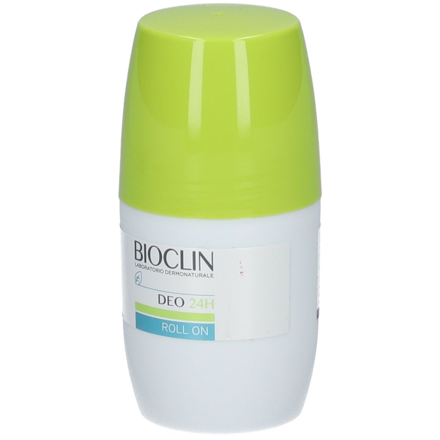 Deo 24H Roll On. Contenitore bianco e verde. Scritte: BIOCLIN, DEO 24H, ROLL ON.