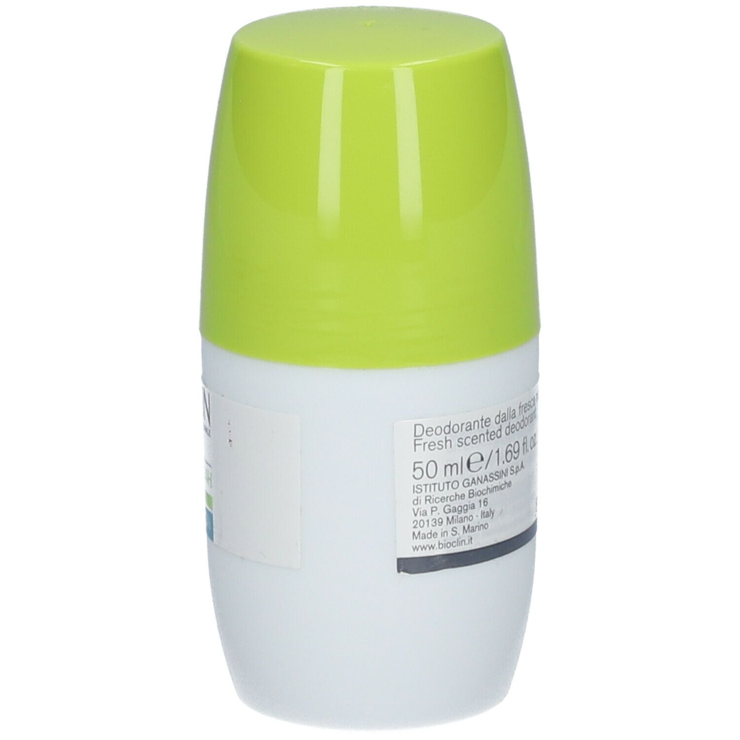 Deo 24H Roll On. Contenitore bianco e verde. Testo sul retro.