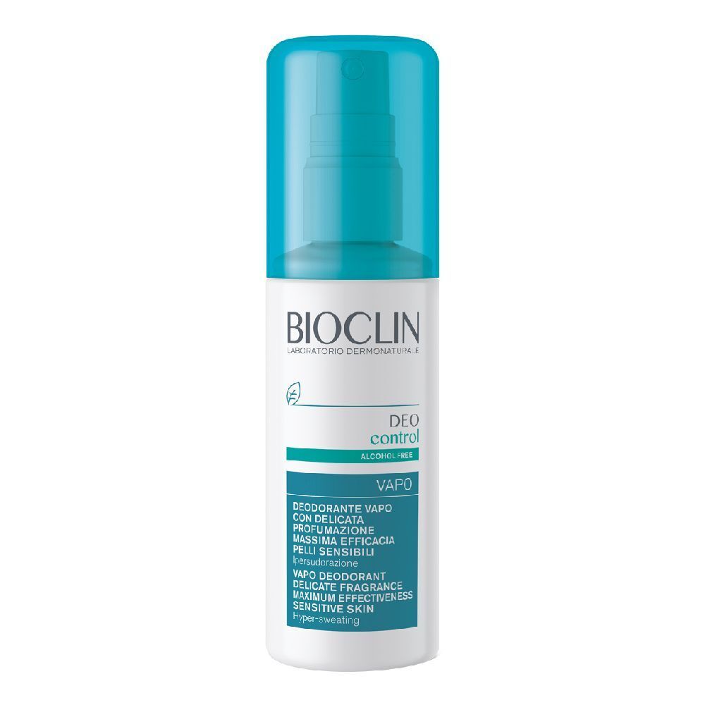 BIOCLIN Deo Control Vapo. Flacone bianco con vaporizzatore blu. Testo: Deo Control, Vapo, Deodorante, pelli sensibili.