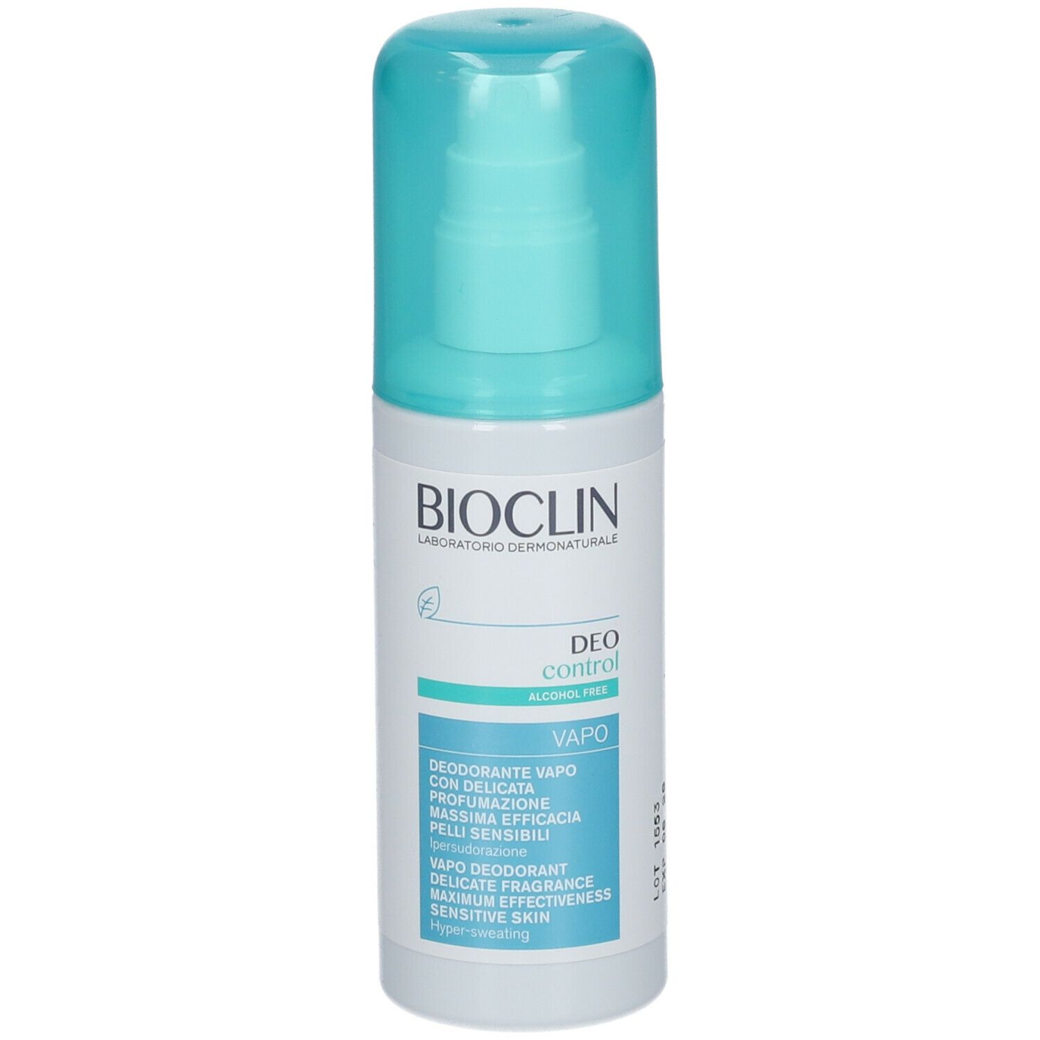 BIOCLIN Deo Control Vapo. Flacone bianco con vaporizzatore blu. Testo: Deo Control, Vapo, Deodorante, pelli sensibili, senza alcool.