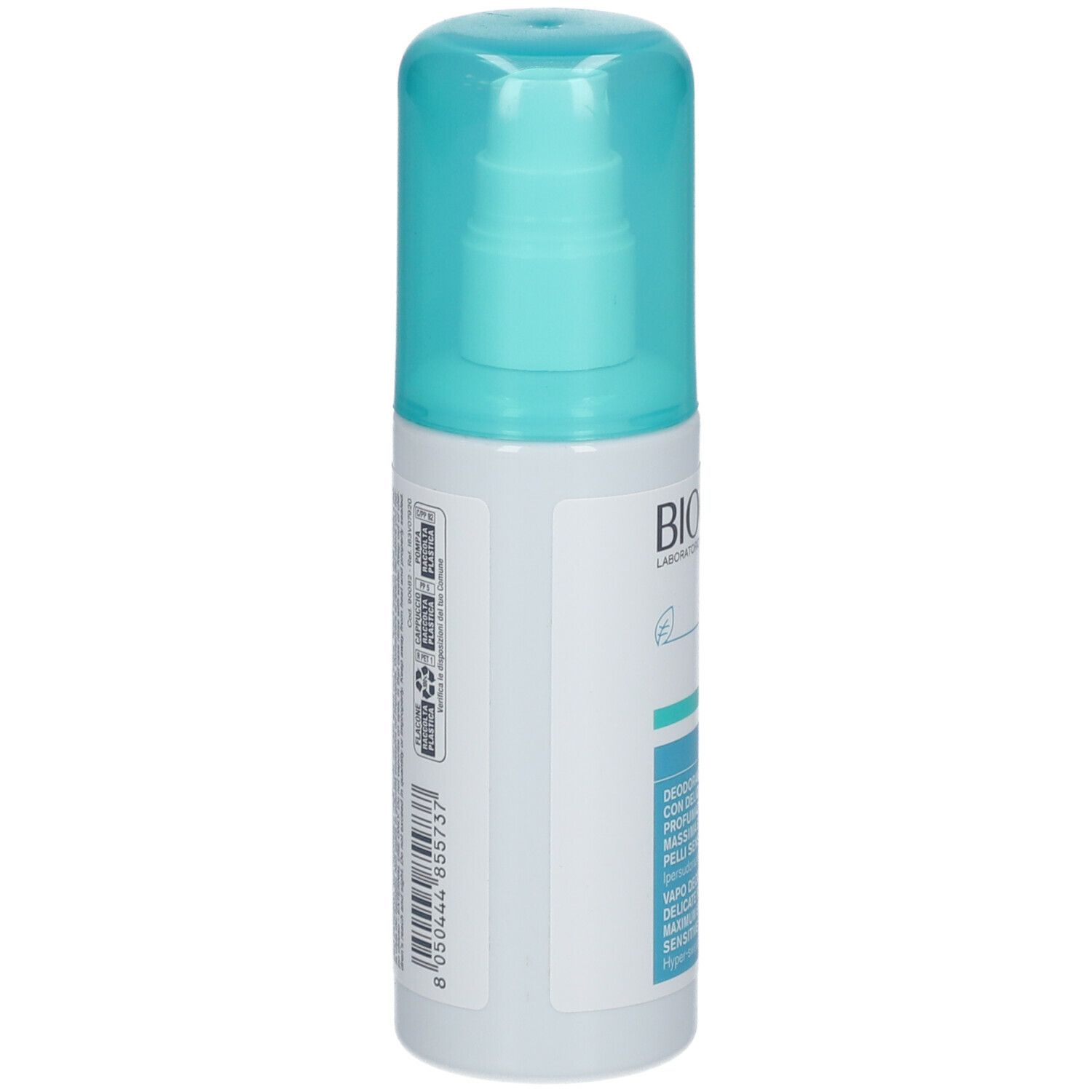 BIOCLIN Deo Control Vapo. Flacone bianco con vaporizzatore blu. Retro con testo e simboli di riciclaggio.