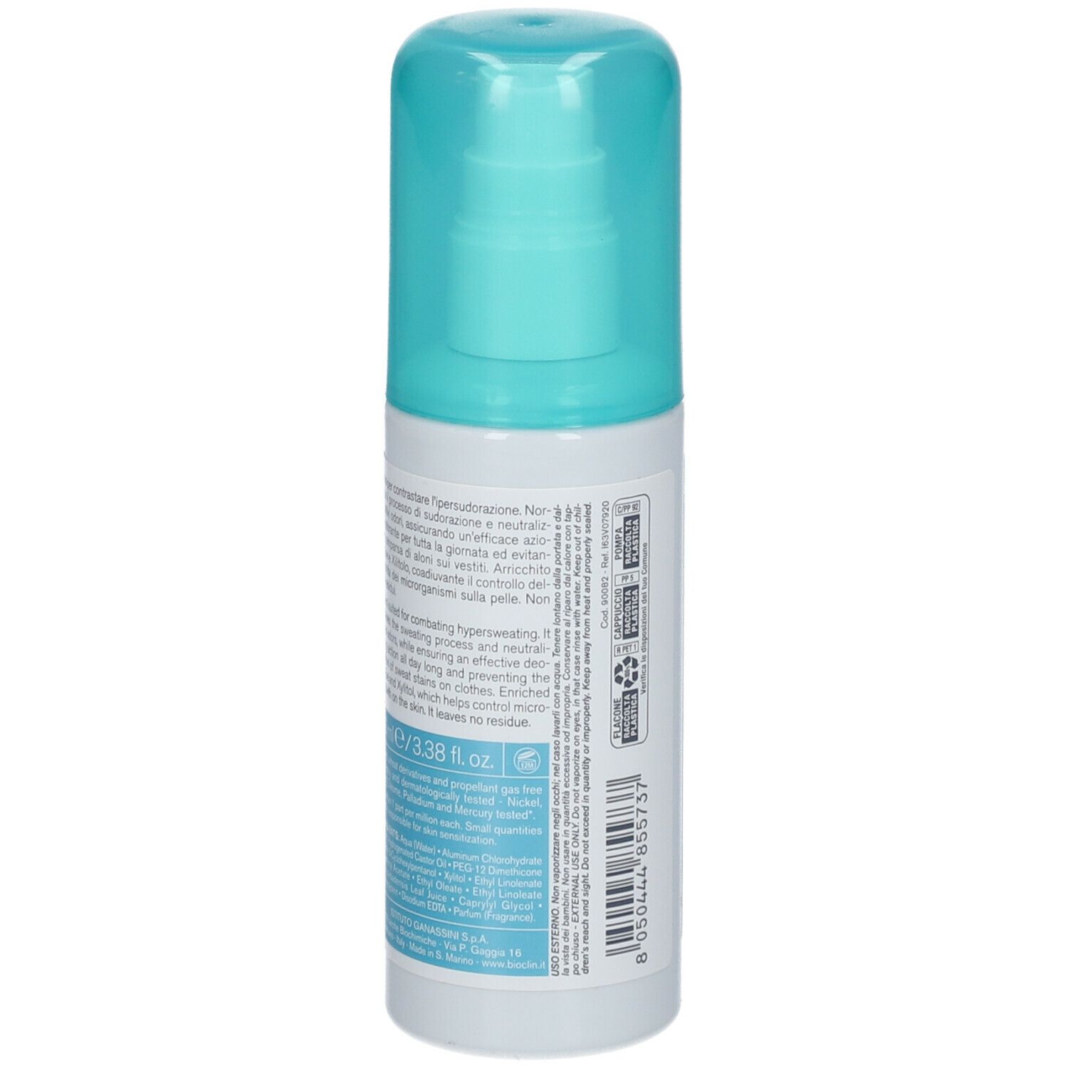 BIOCLIN Deo Control Vapo. Flacone bianco con vaporizzatore blu. Retro con testo, ingredienti e simboli di riciclaggio.