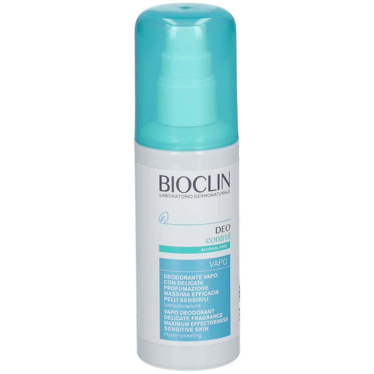 BIOCLIN Deo Control Vapo. Flacone bianco con vaporizzatore blu. Testo: Deo Control, Vapo, Deodorante, pelli sensibili.