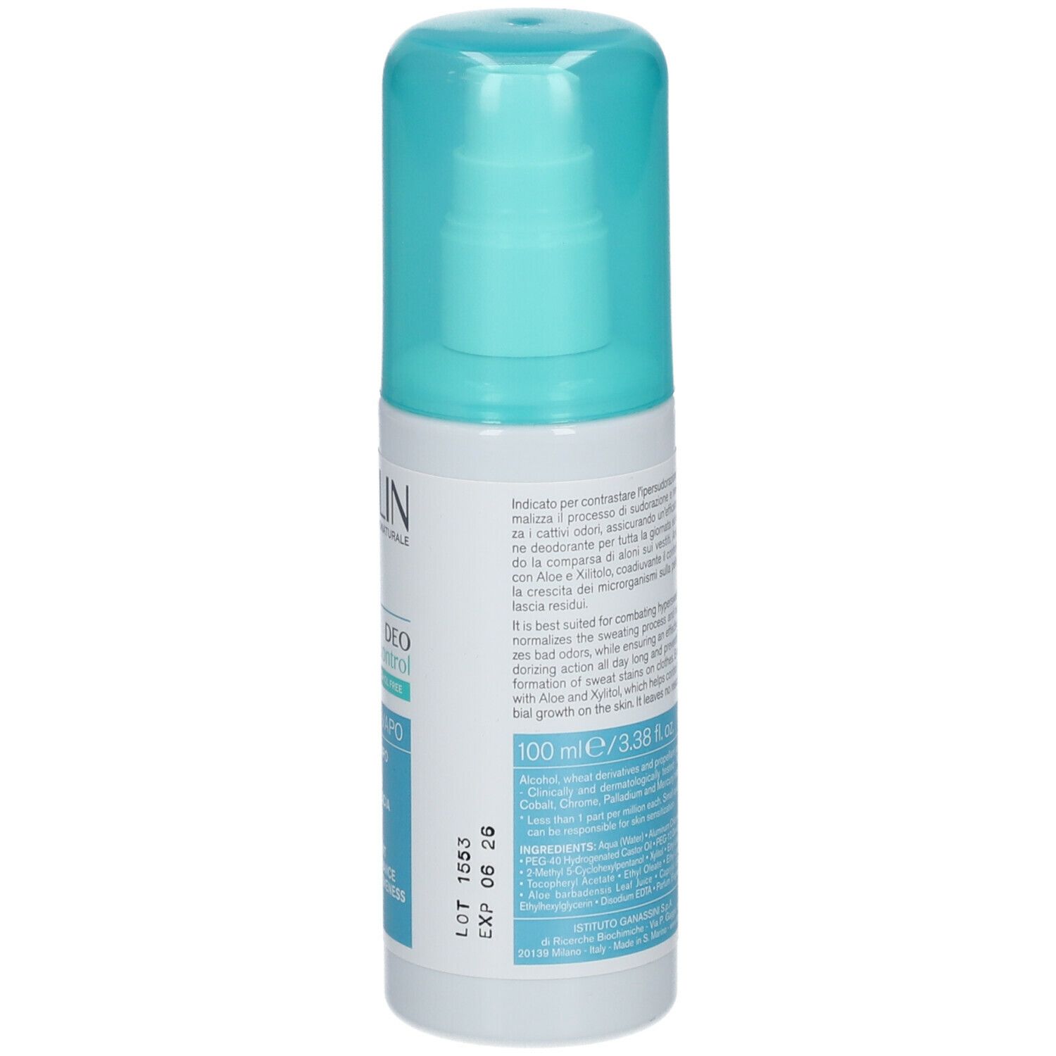 BIOCLIN Deo Control Vapo. Flacone bianco con vaporizzatore blu. Retro con testo, ingredienti, numero di lotto e data di scadenza.