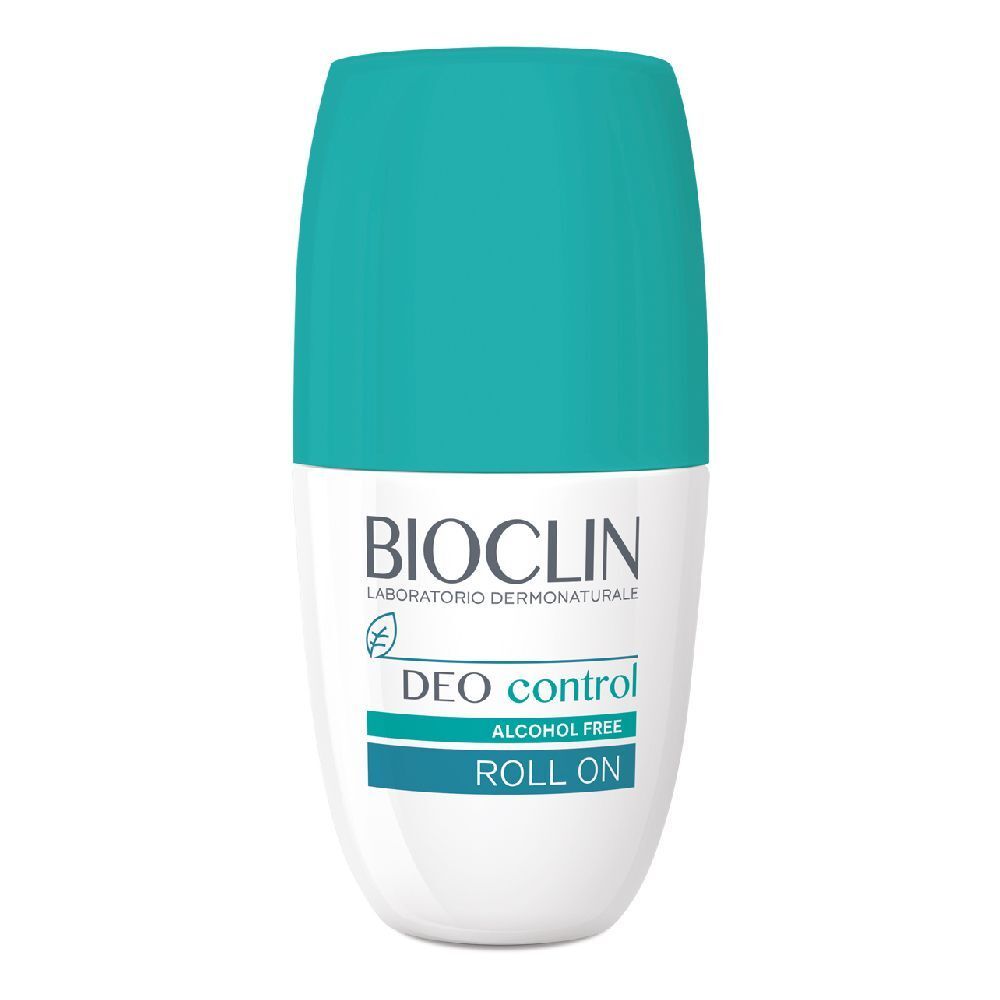 Deodorante roll-on Deo Control. Flacone bianco-turchese con logo e nome del prodotto. Senza alcool.