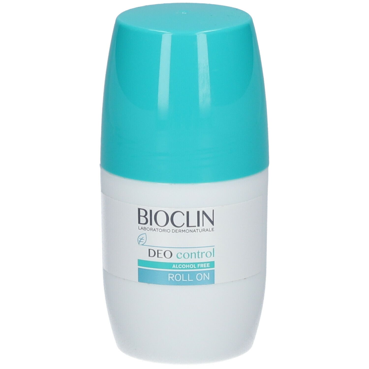 Deodorante roll-on Deo Control. Flacone bianco-turchese con logo e nome del prodotto. Senza alcool.