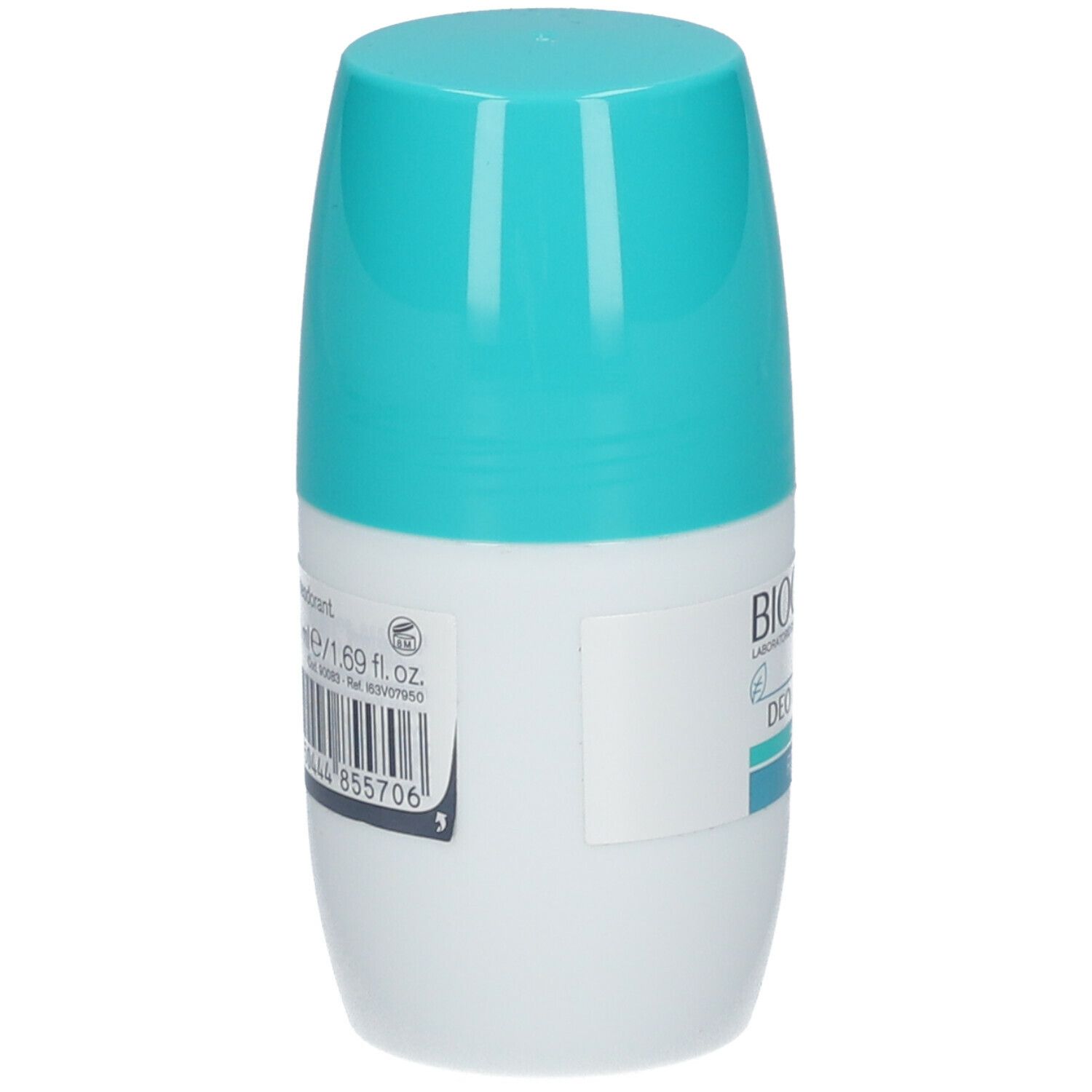 Deodorante roll-on Deo Control. Retro del flacone con informazioni e codice a barre. Colore turchese e bianco.