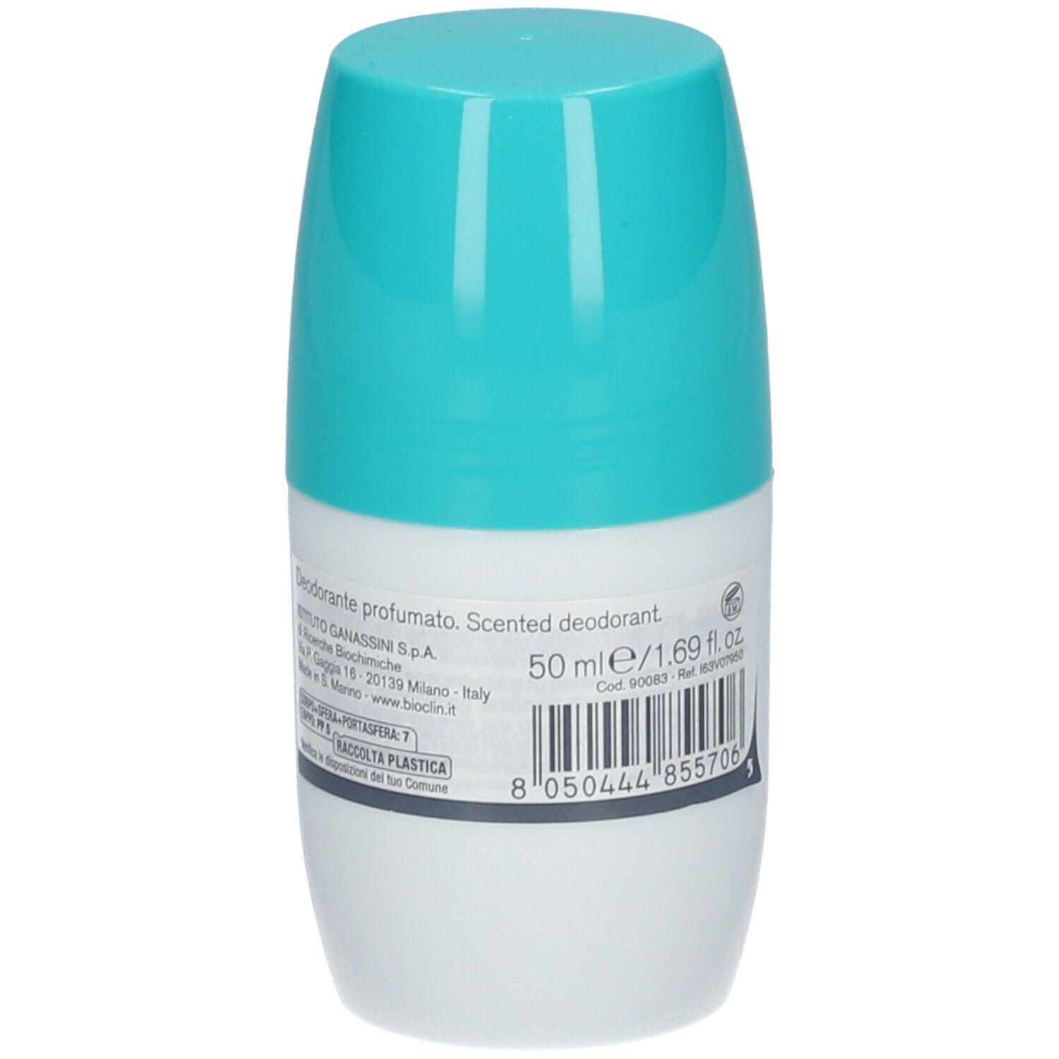 Deodorante roll-on Deo Control. Retro del flacone con informazioni e codice a barre. Colore turchese e bianco.