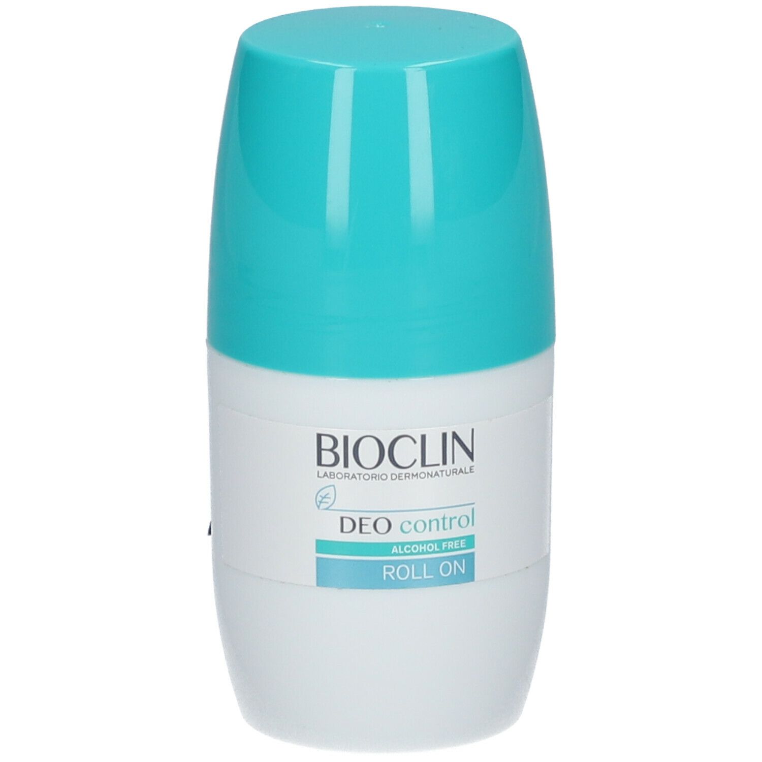 Deodorante roll-on Deo Control. Parte anteriore con logo e nome del prodotto. Colore turchese e bianco.