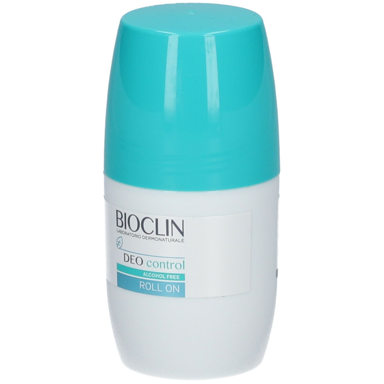 Deodorante roll-on Deo Control. Parte anteriore con logo e nome del prodotto. Colore turchese e bianco.