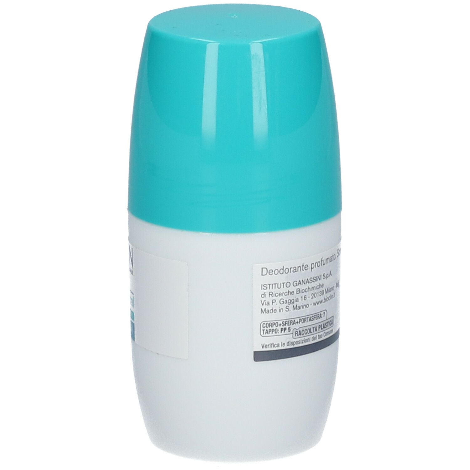 Deodorante roll-on Deo Control. Retro del flacone con informazioni sul prodotto. Colore turchese e bianco.