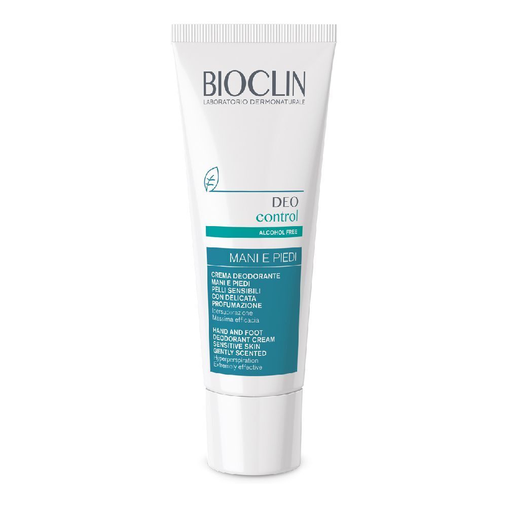 Tubo bianco con etichetta blu. Scritta: BIOCLIN, Deo Control, MANI e PIEDI. Senza alcool.