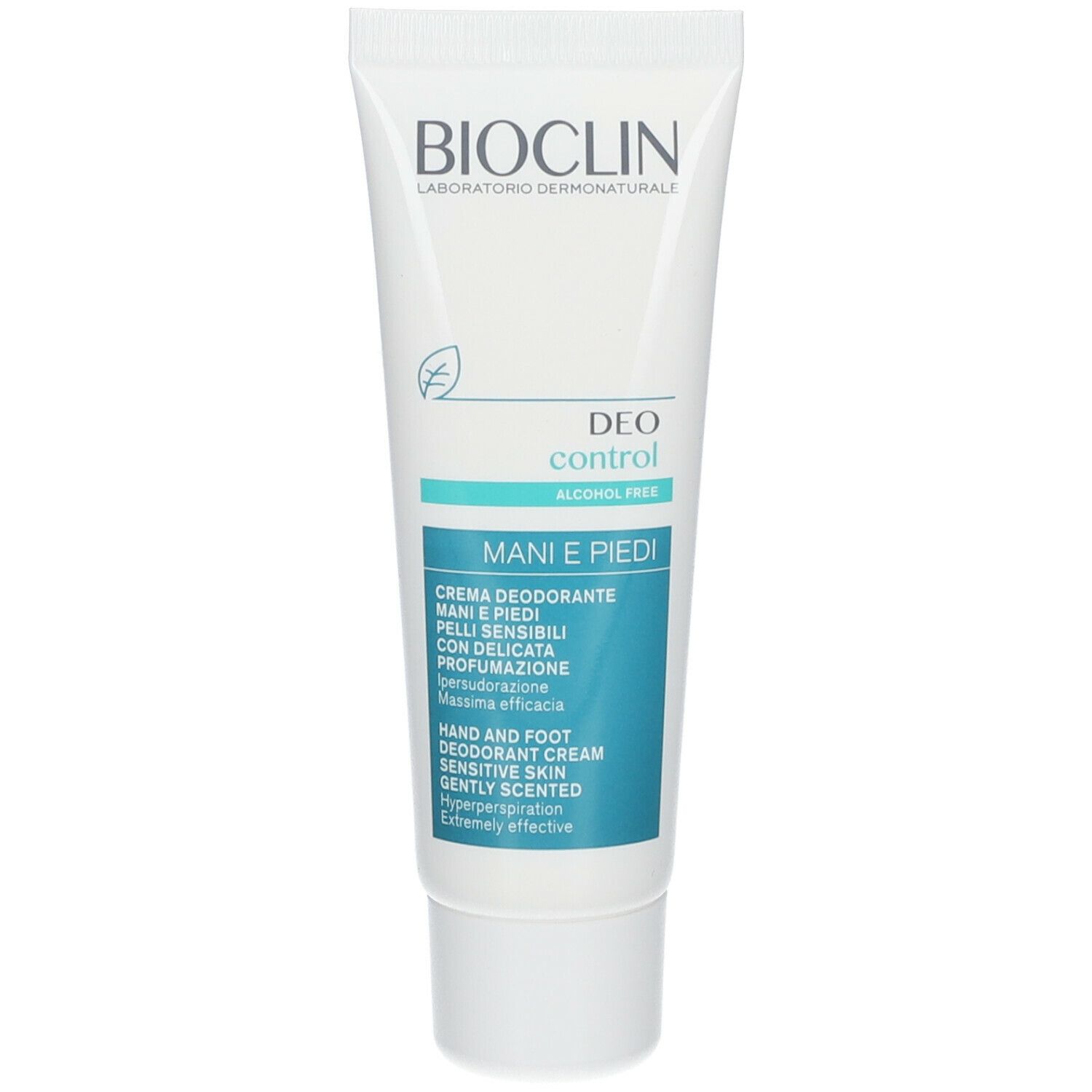 Tubo bianco con etichetta blu. Scritta: BIOCLIN, Deo Control, MANI e PIEDI. Senza alcool.