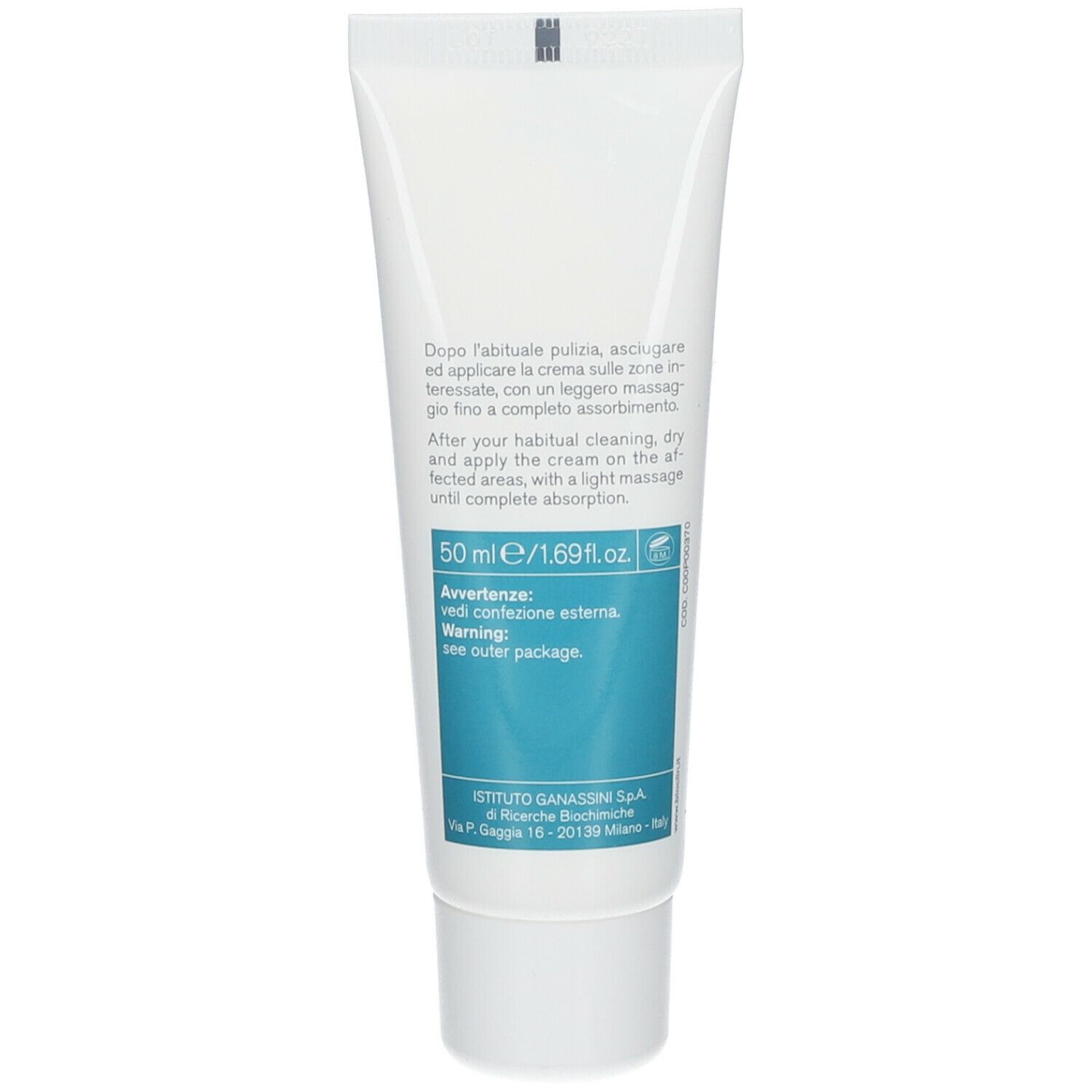 Retro del tubo bianco. Testo: 50 ml/1.69 fl.oz. Avvertenze. Informazioni del produttore.