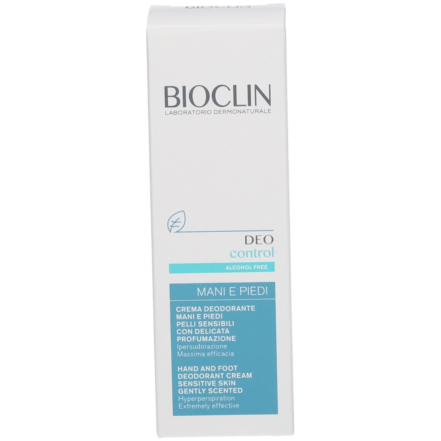 Confezione in cartone. Scritta: BIOCLIN, Deo Control, MANI e PIEDI. Senza alcool.