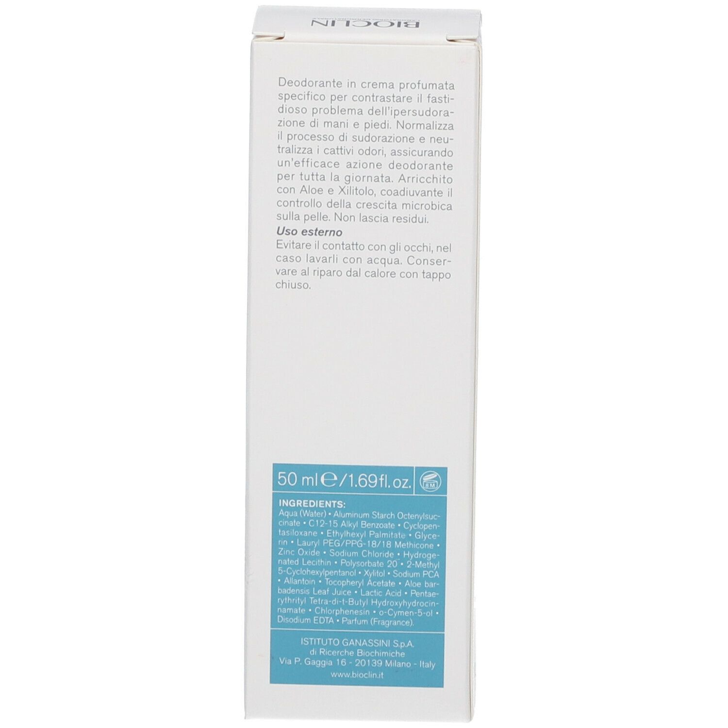 Confezione in cartone. Testo: 50 ml/1.69 fl.oz. Ingredienti. Informazioni del produttore.
