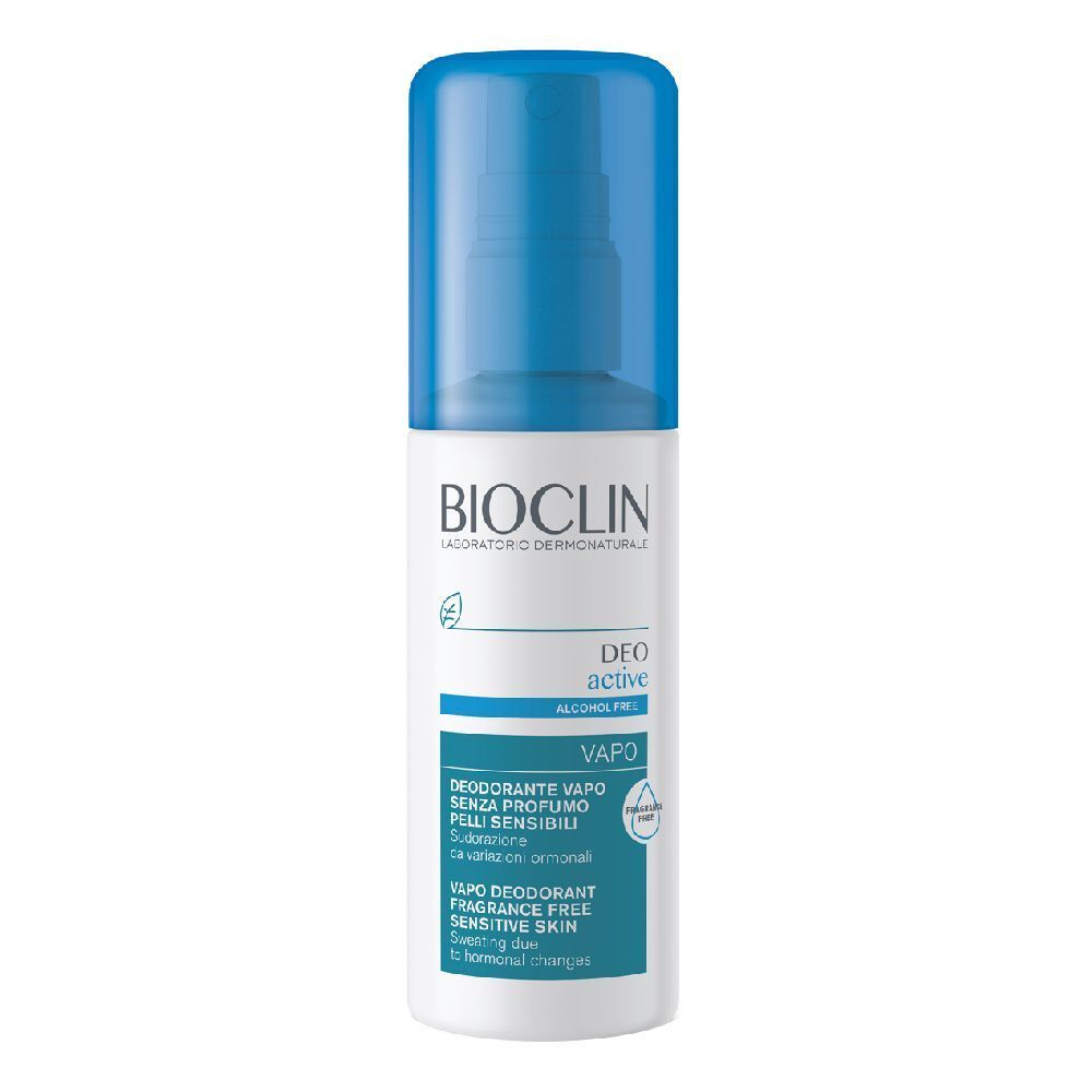 Spray BIOCLIN Deo Aktiv senza alcool. Flacone bianco con tappo blu. Testo: Deo active, Vapo, per pelli sensibili.