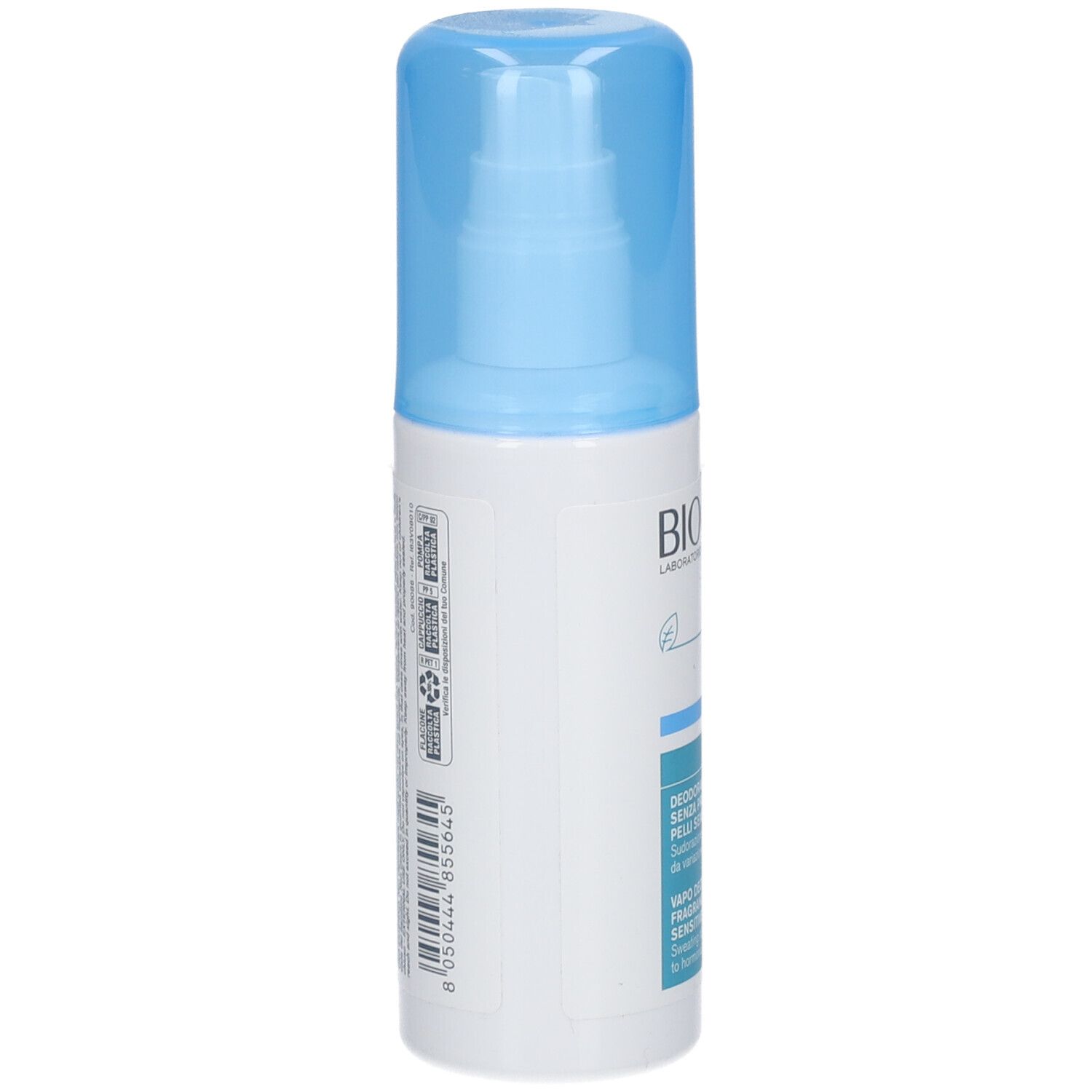 Retro dello spray BIOCLIN Deo Aktiv senza alcool. Flacone bianco con testo e codice a barre. Tappo blu.