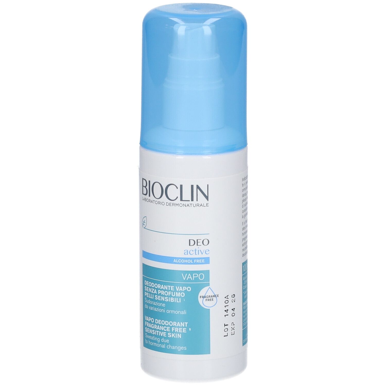 Spray BIOCLIN Deo Aktiv senza alcool. Flacone bianco con tappo blu. Testo: Deo active, Vapo, per pelli sensibili.