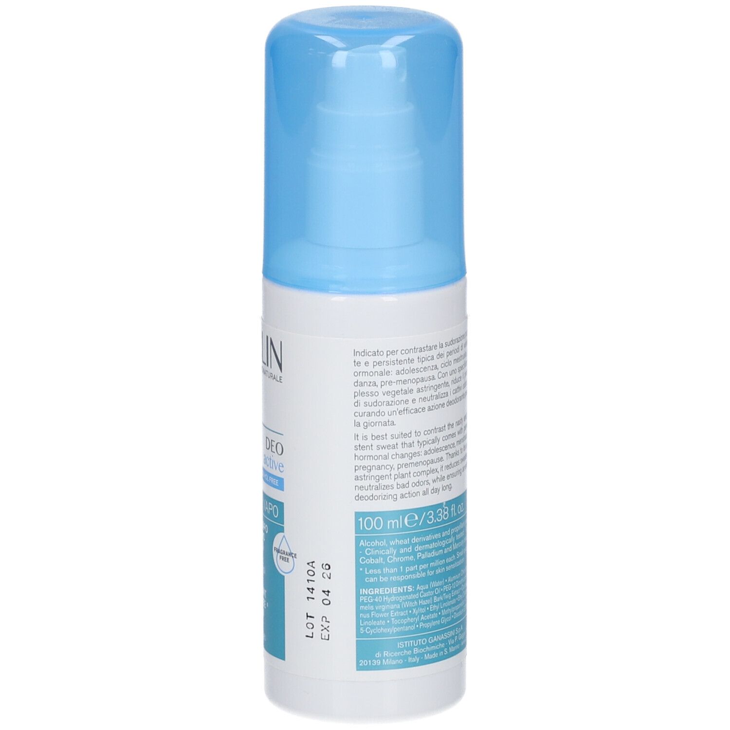 Retro dello spray BIOCLIN Deo Aktiv senza alcool. Flacone bianco con testo e tappo blu. Testo: 100 ml.