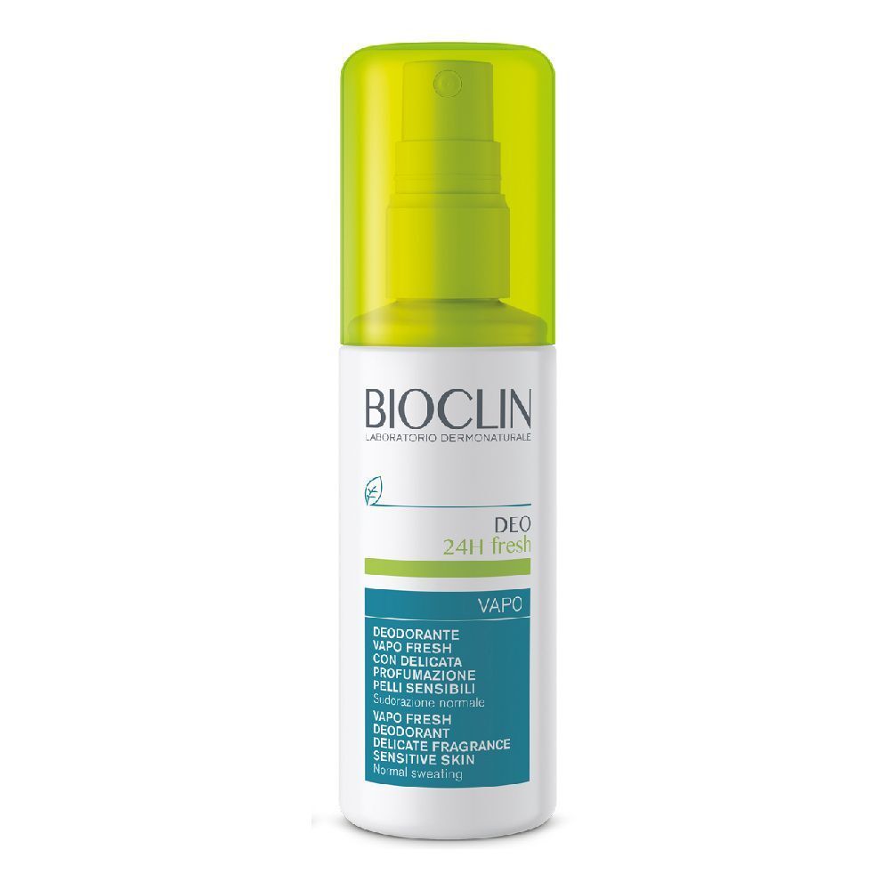 BIOCLIN Deo 24H Fresh Vapo. Flacone bianco con erogatore verde. Etichette blu e verdi con informazioni sul prodotto.