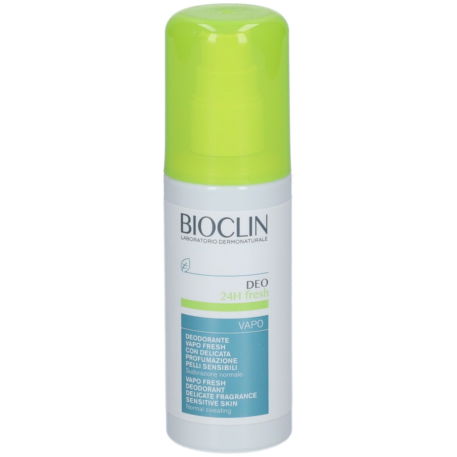 BIOCLIN Deo 24H Fresh Vapo. Flacone bianco con erogatore verde. Etichette blu e verdi con informazioni sul prodotto.