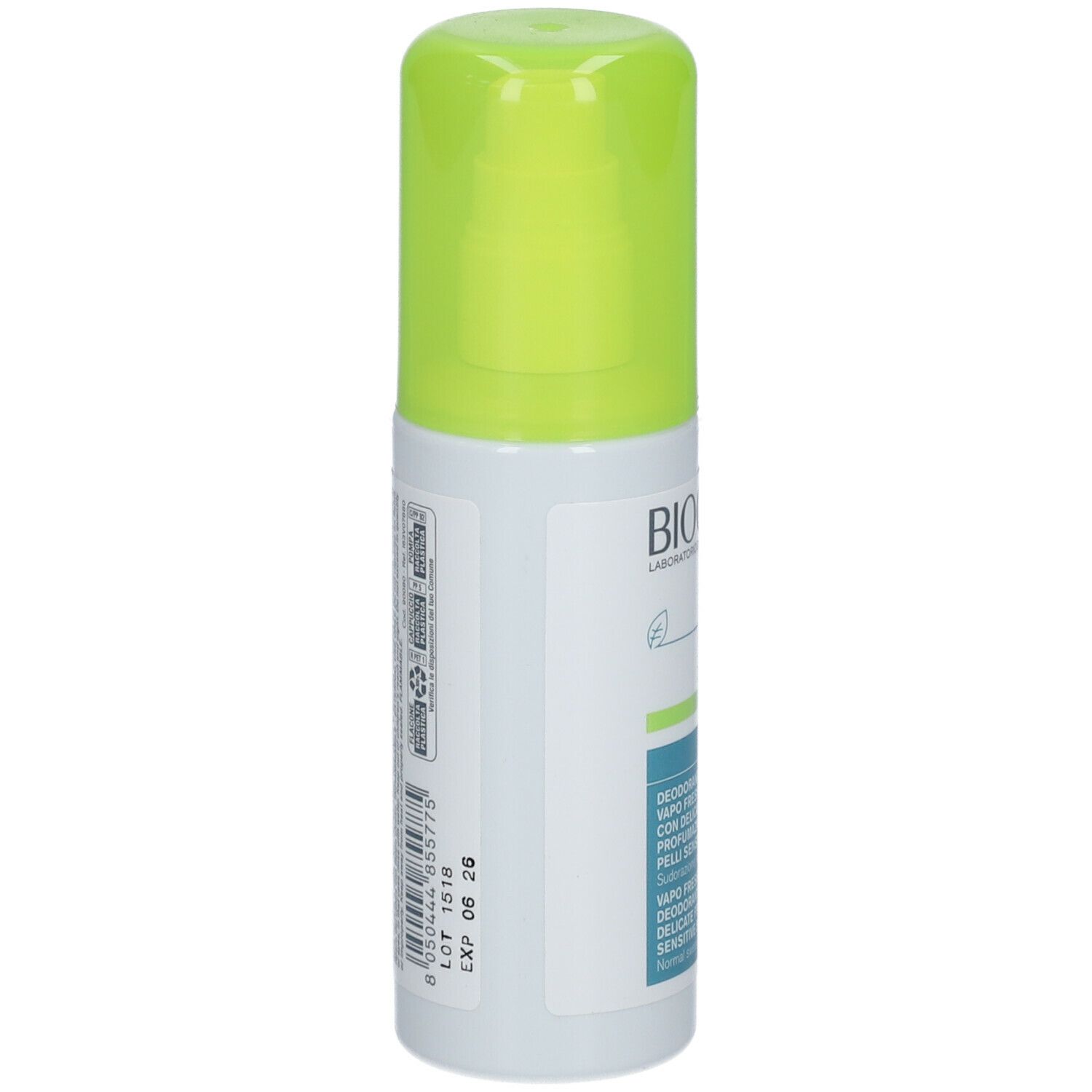 BIOCLIN Deo 24H Fresh Vapo. Flacone bianco con erogatore verde. Etichette blu e verdi con informazioni sul prodotto.